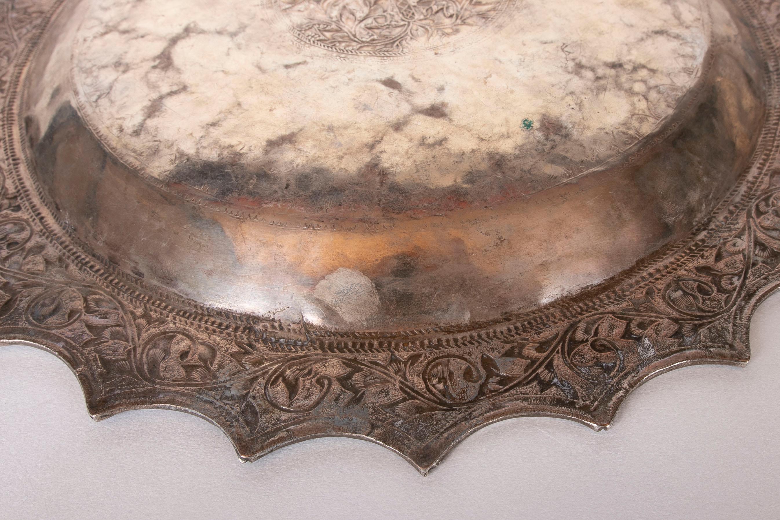 19th Century Silver Tray with Embossed Flower Decoration For Sale 4
