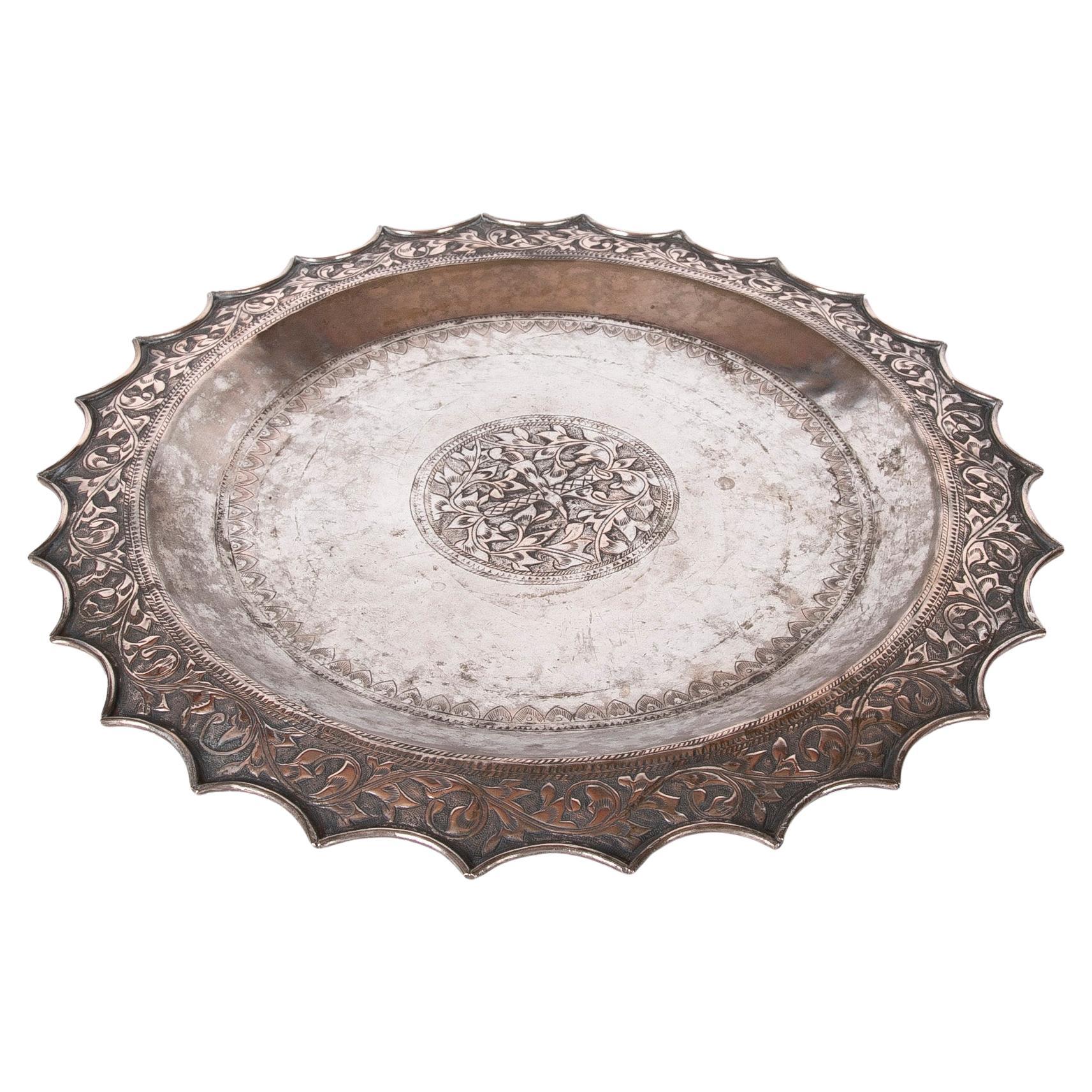 19th Century Silver Tray with Embossed Flower Decoration For Sale