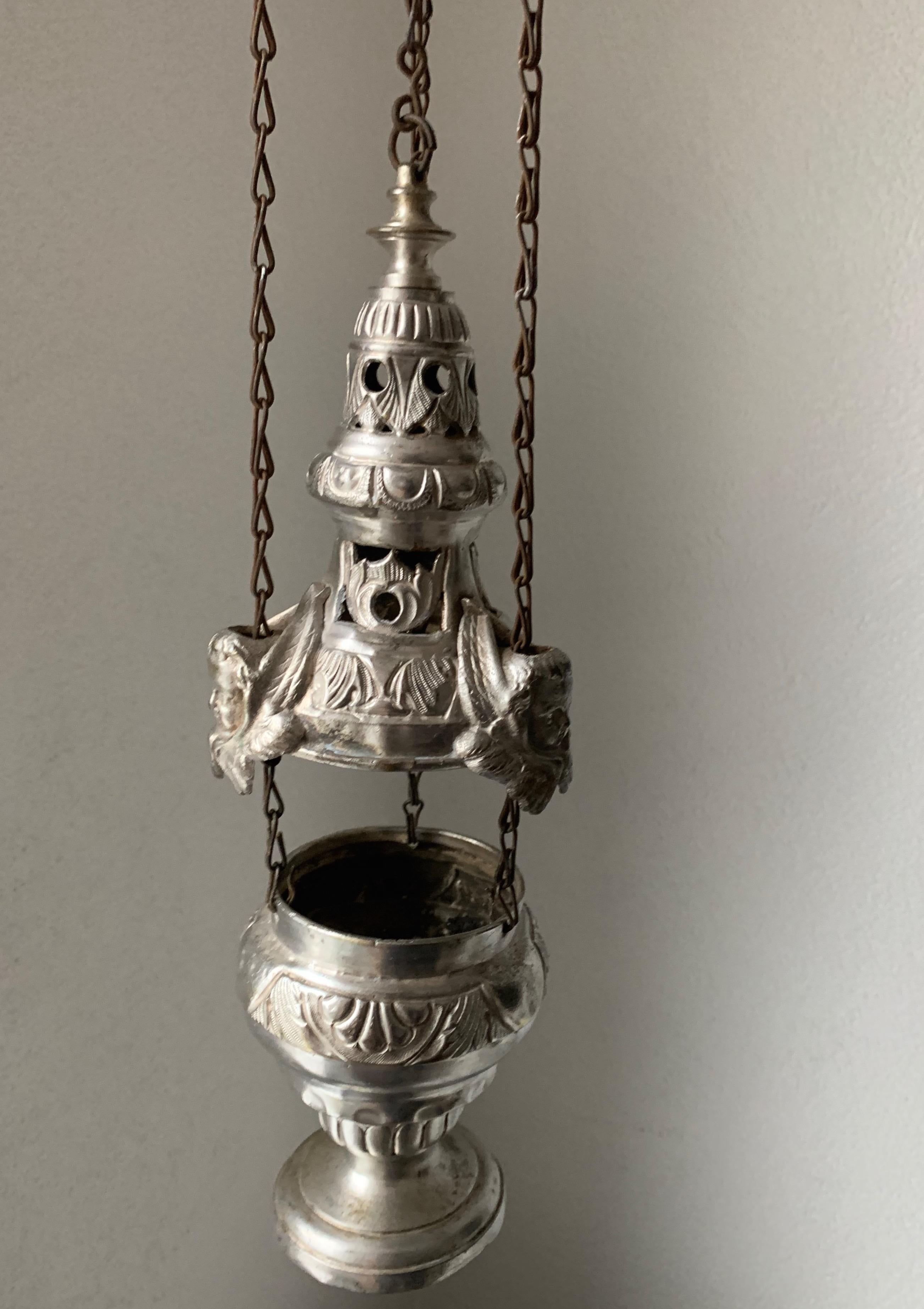 19th Century Silvered Brass Catholic Church Incense Burner with Gothic Bracket 3