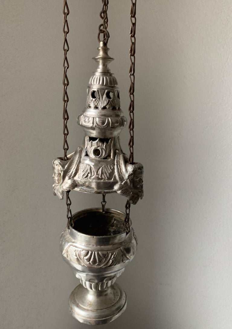 19th Century Silvered Brass Catholic Church Incense Burner with Gothic