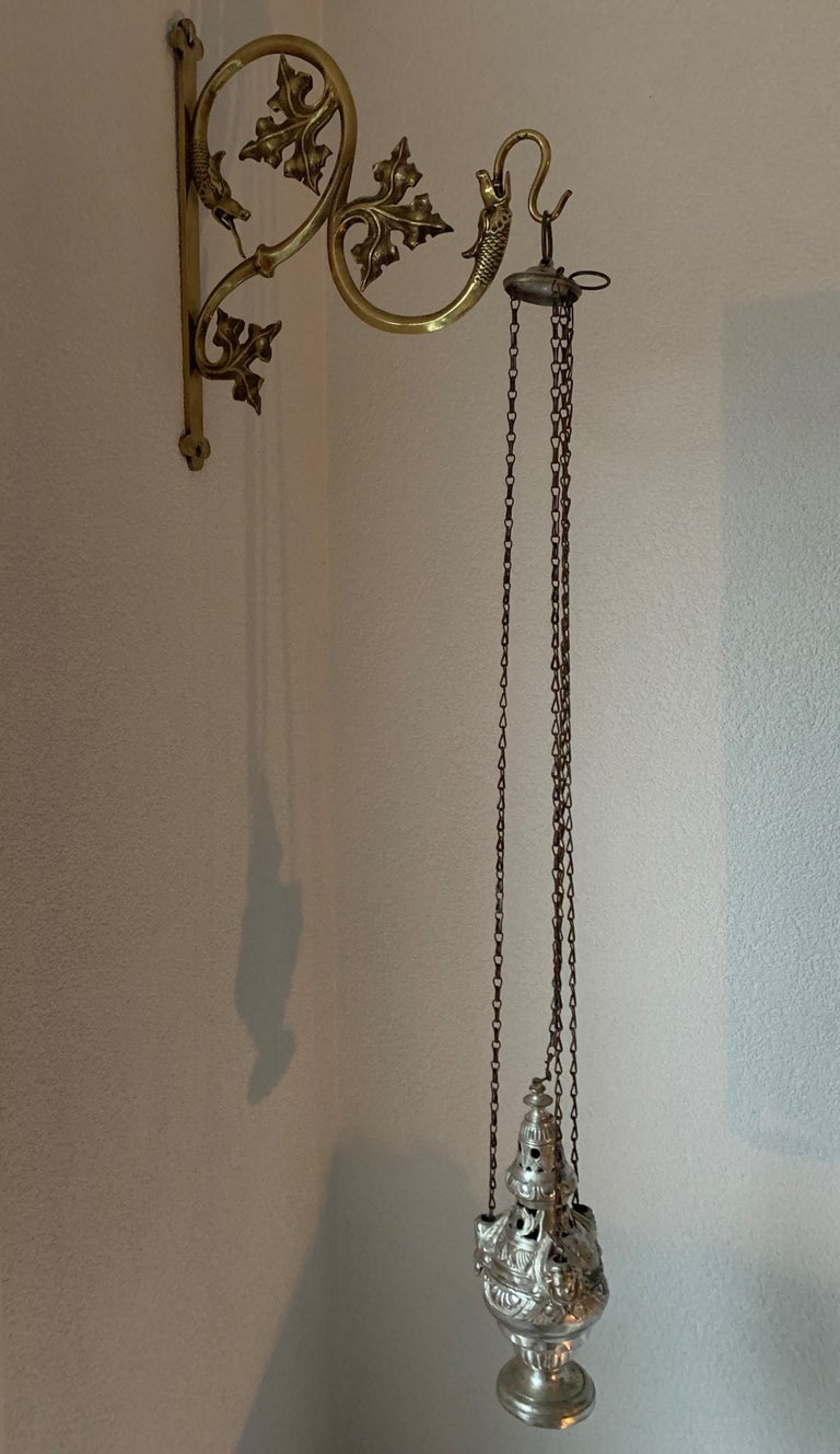 19th Century Silvered Brass Catholic Church Incense Burner with Gothic