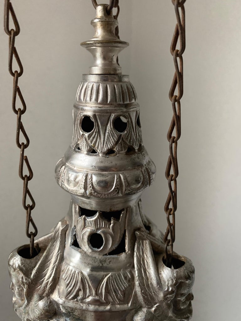 19th Century Silvered Brass Catholic Church Incense Burner with Gothic