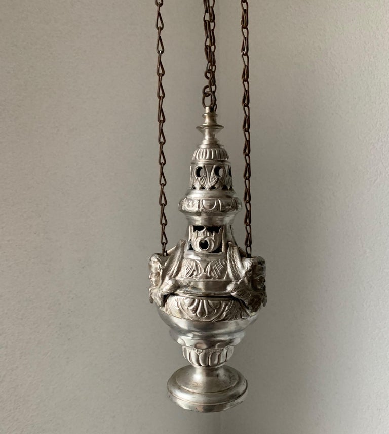 19th Century Silvered Brass Catholic Church Incense Burner with Gothic