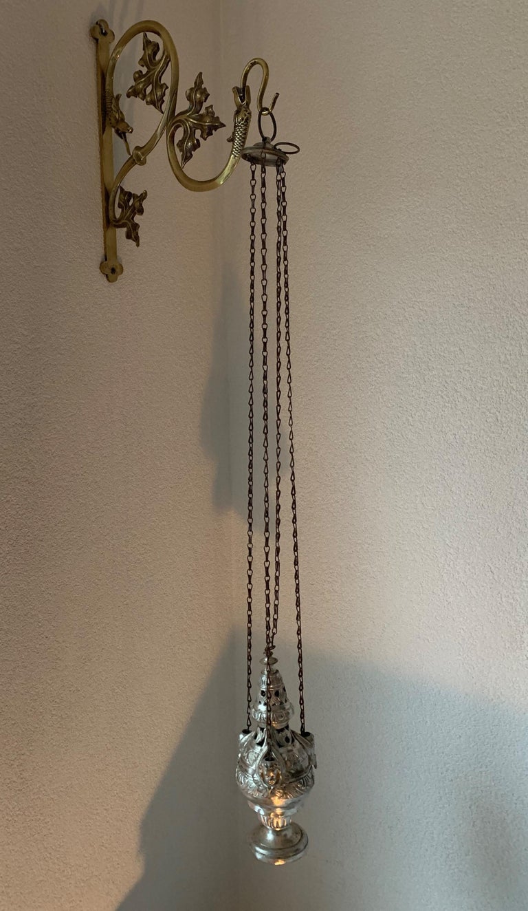 19th Century Silvered Brass Catholic Church Incense Burner with Gothic