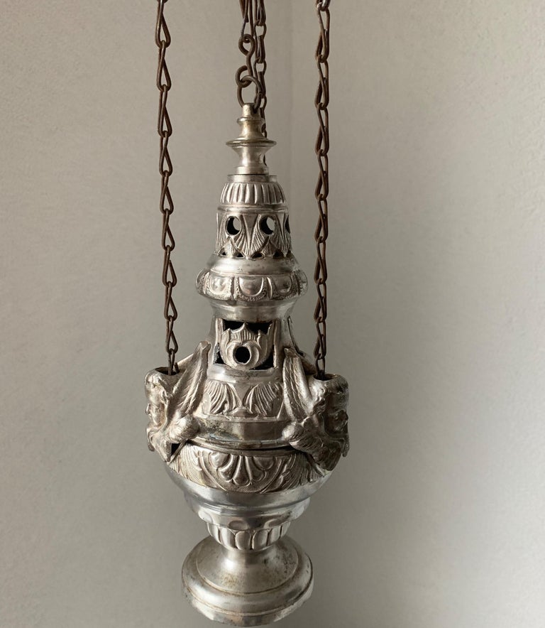 19th Century Silvered Brass Catholic Church Incense Burner with Gothic
