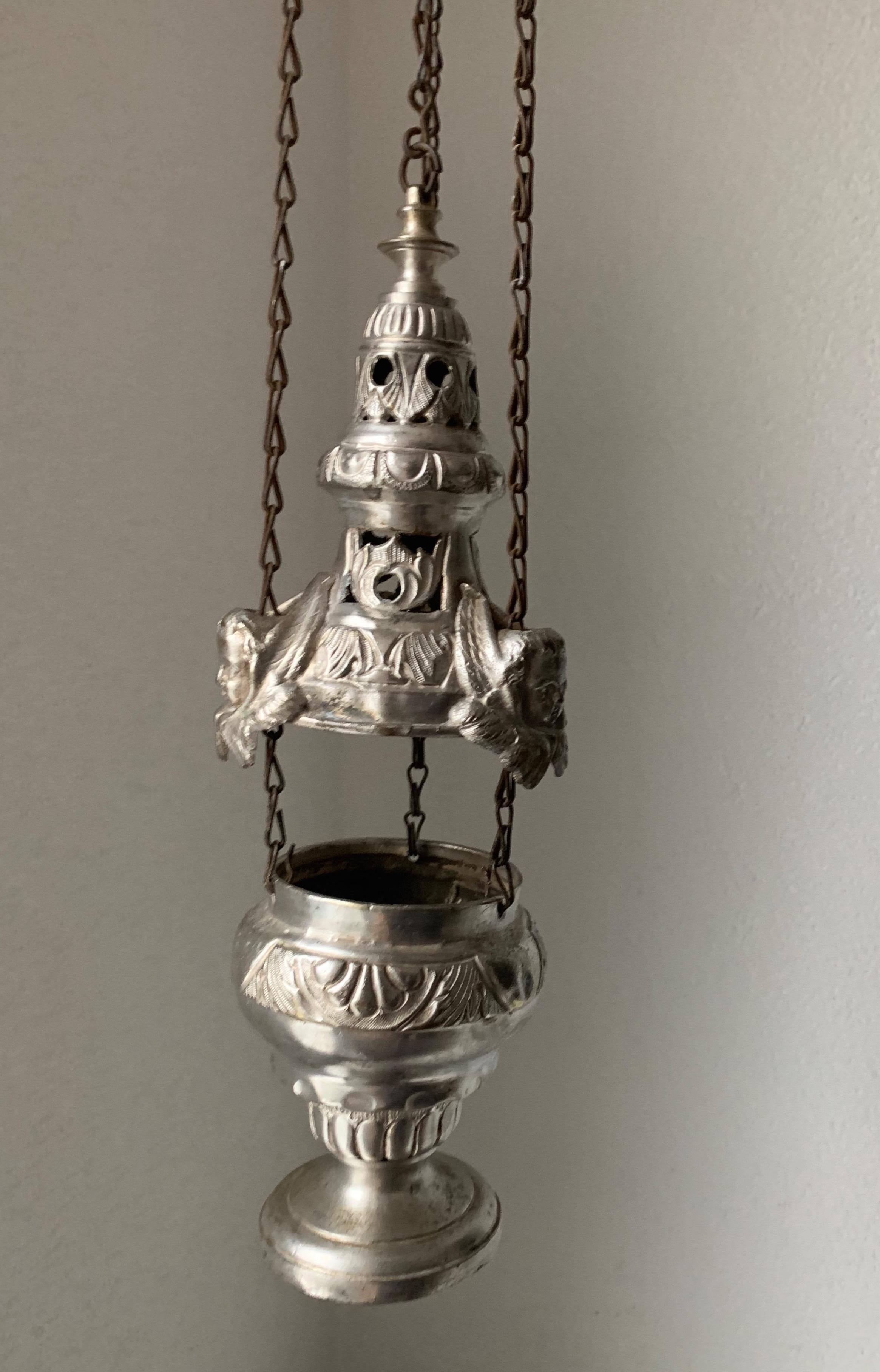 19th Century Silvered Brass Catholic Church Incense Burner with Gothic Bracket In Good Condition In Lisse, NL