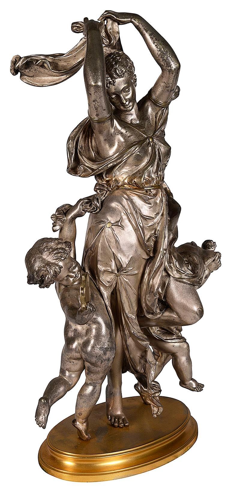 19th Century Silvered bronze mother and children dancing. By Carrier In Good Condition For Sale In Brighton, Sussex