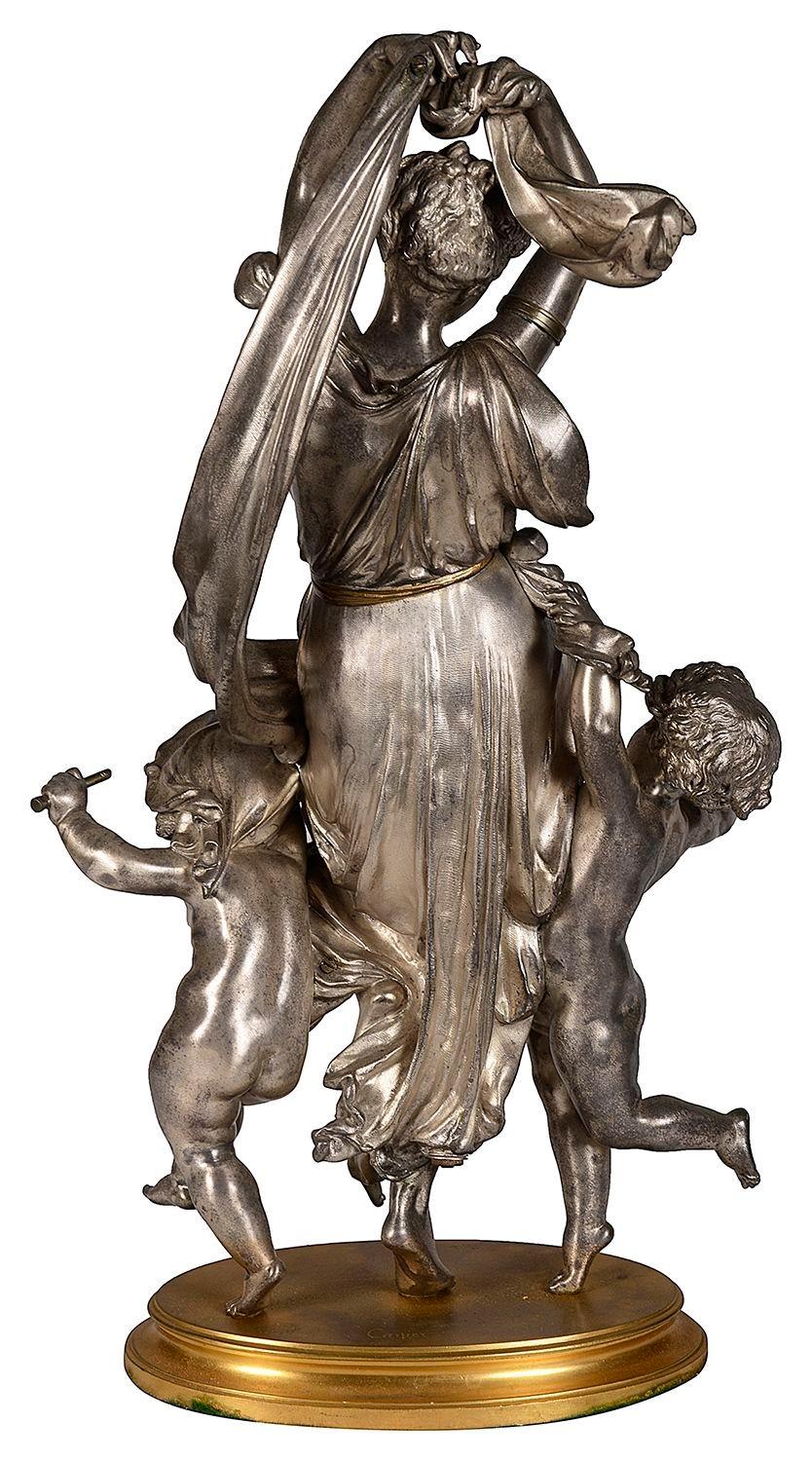 Bronze 19th Century Silvered bronze mother and children dancing. By Carrier For Sale