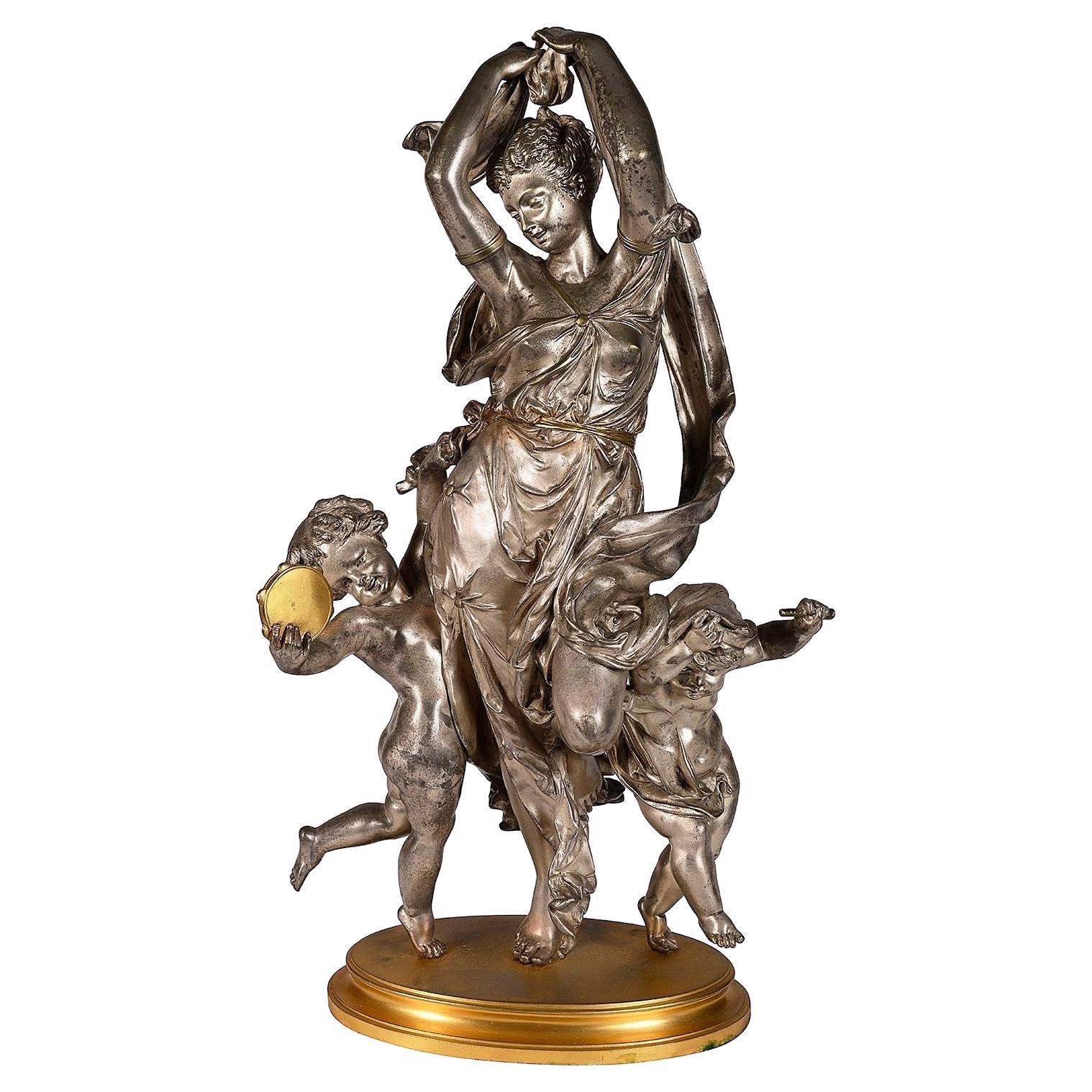 19th Century Silvered bronze mother and children dancing. By Carrier For Sale