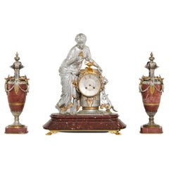 19th Century Silvered Bronze / Rouge Marble Clock Garniture Set