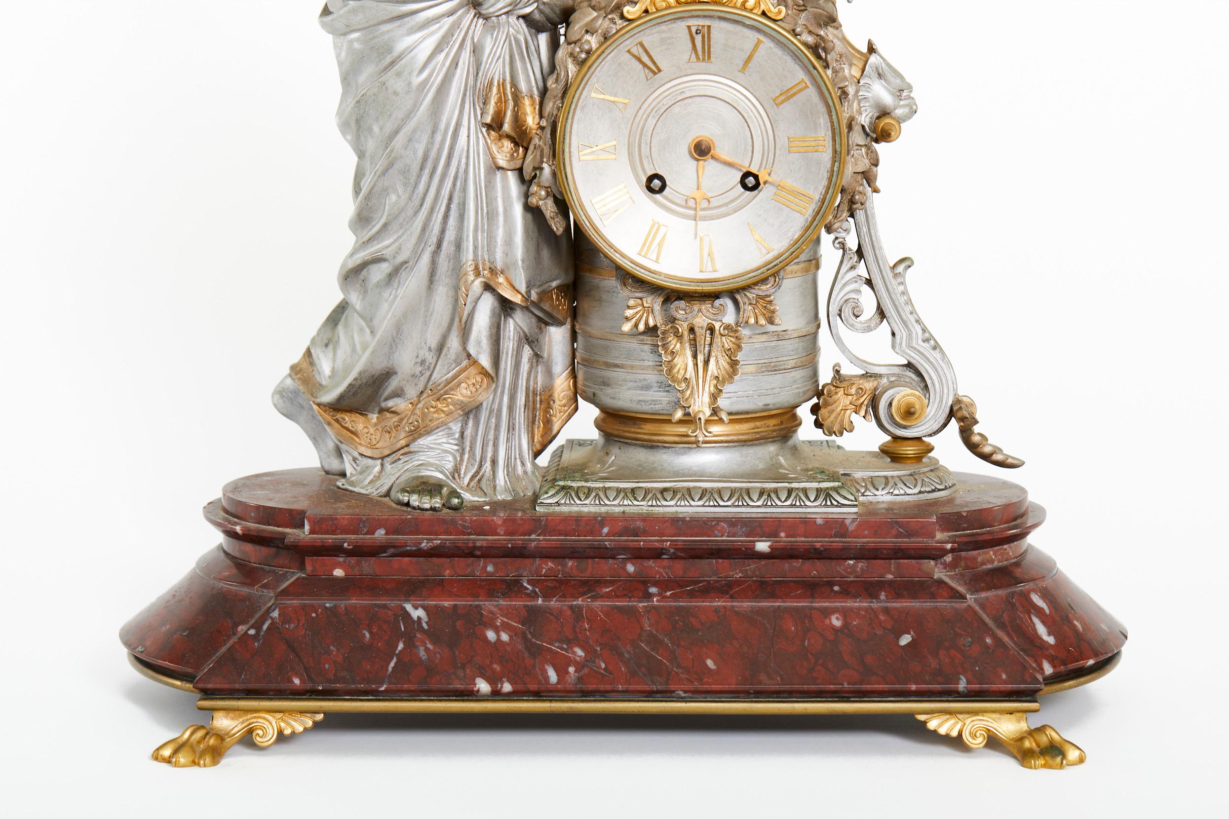 French 19th Century Silvered Bronze / Rouge Marble Clock Garniture Set For Sale