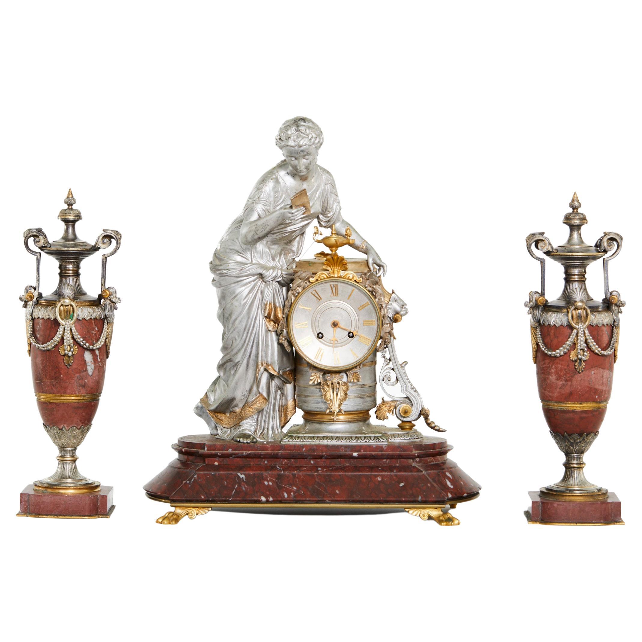 Uhren-Garnitur-Set aus versilberter Bronze und rotem Marmor aus dem 19. Jahrhundert