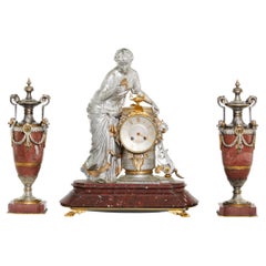 19th Century Silvered Bronze / Rouge Marble Clock Garniture Set