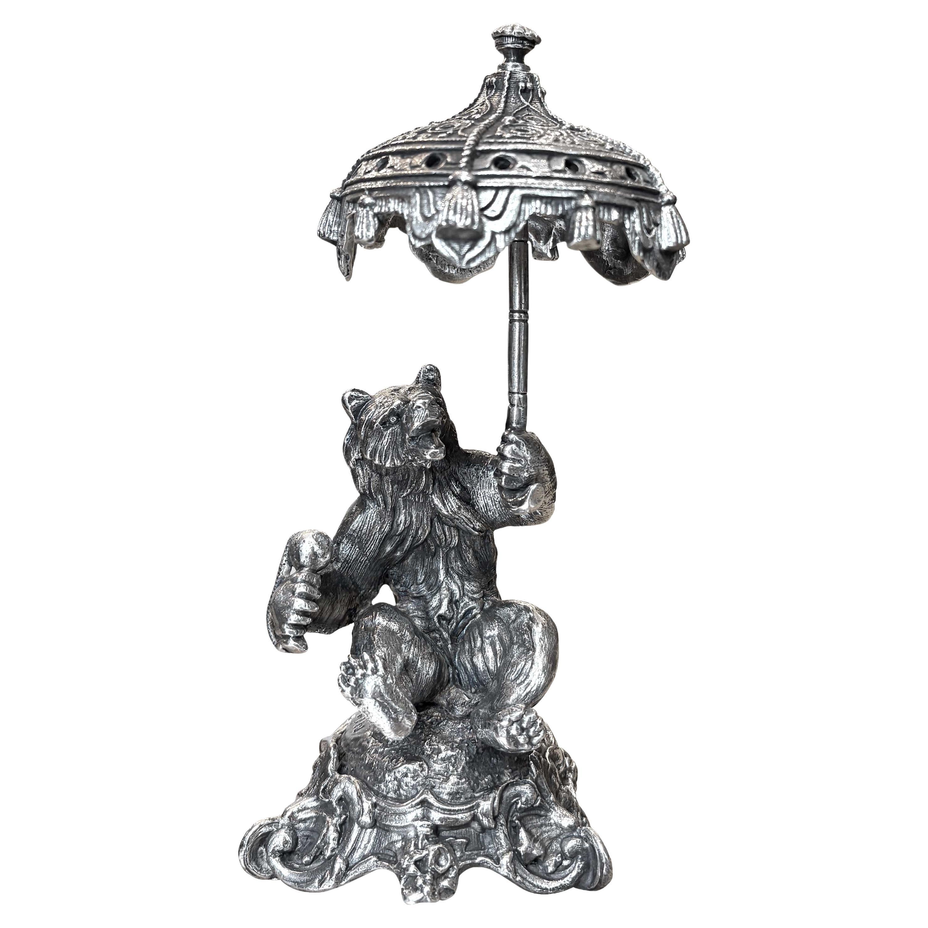19th century silvered bronze sculpture, Bear with an umbrella, signed Fratin
