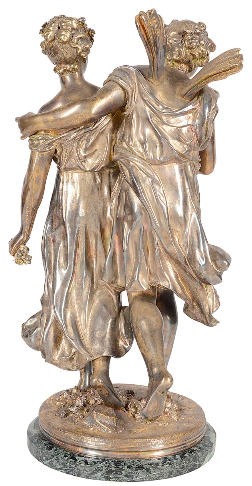 Classical Greek 19th Century Silvered Bronze Statue of Cherub and Maiden, by 'Dumaige' For Sale