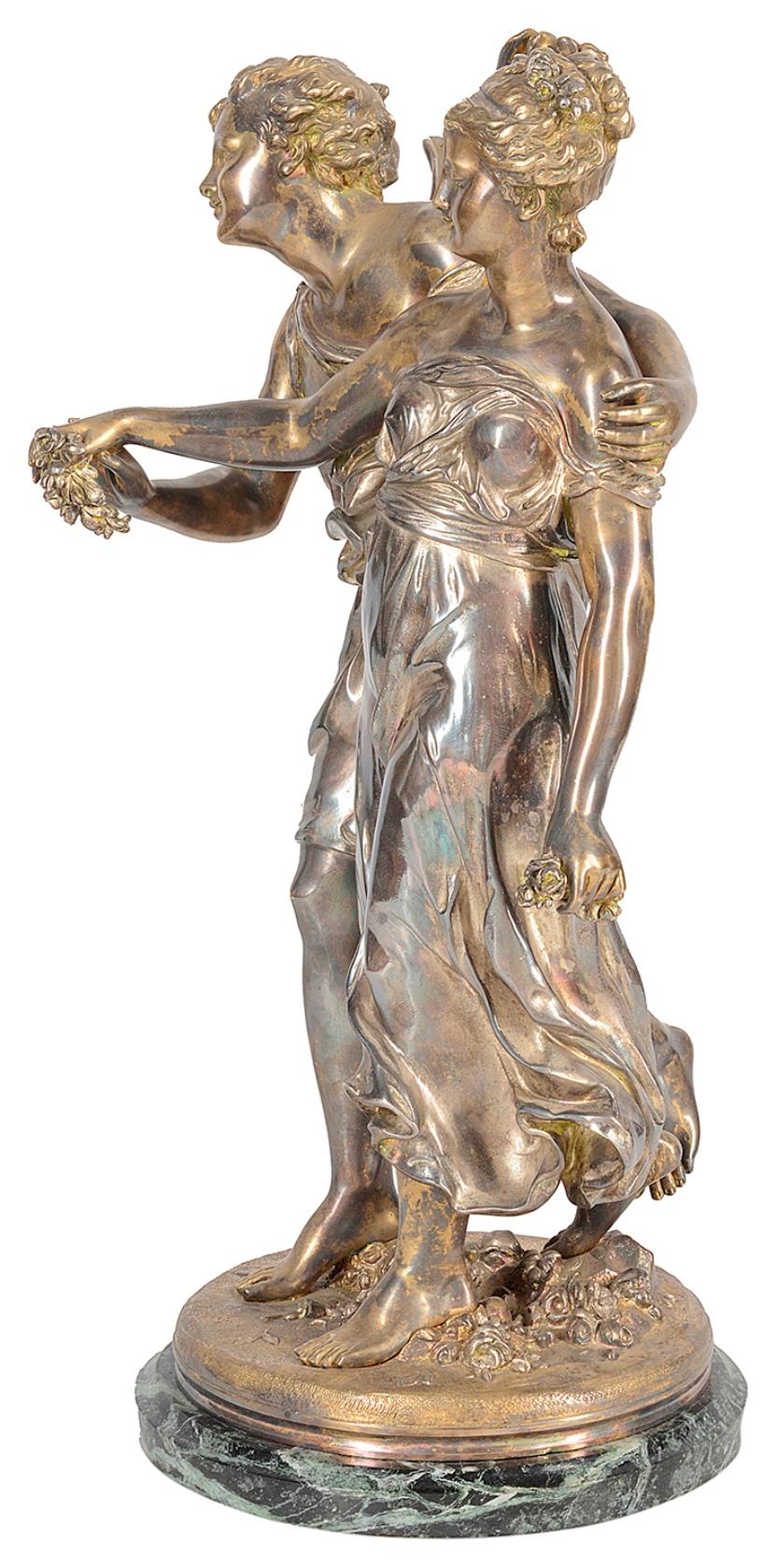 French 19th Century Silvered Bronze Statue of Cherub and Maiden, by 'Dumaige' For Sale