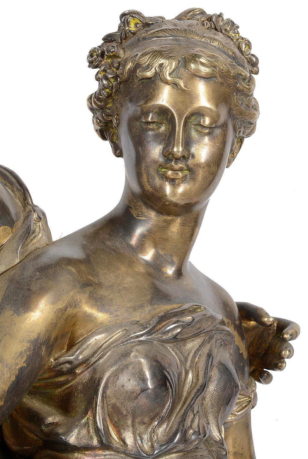 19th Century Silvered Bronze Statue of Cherub and Maiden, by 'Dumaige' For Sale 1