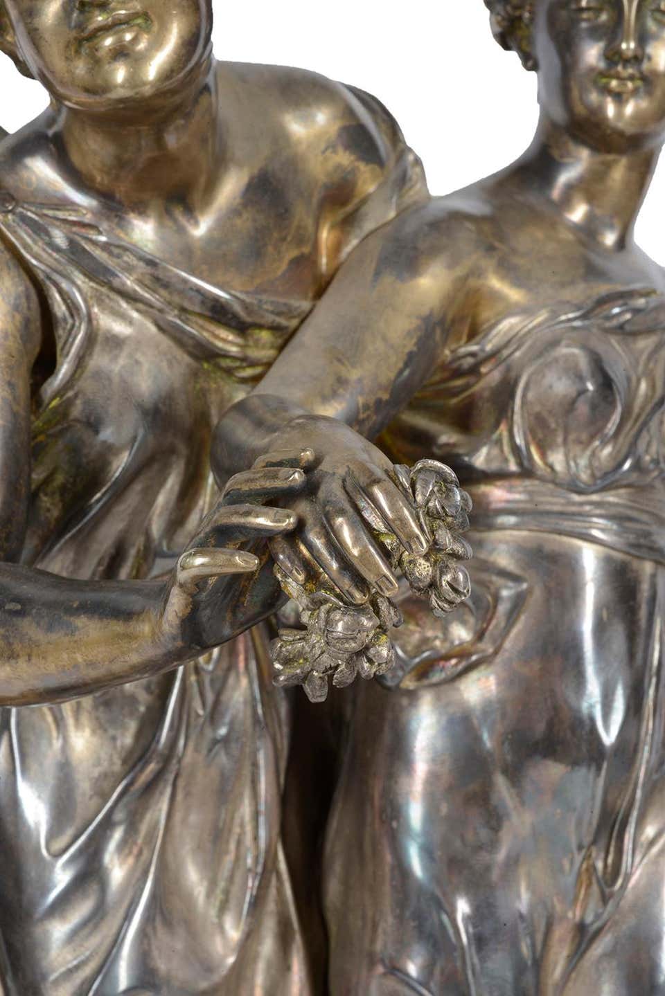 19th Century Silvered Bronze Statue of Cherub and Maiden, by 'Dumaige' For Sale 2