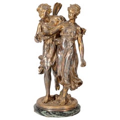 19th Century Silvered Bronze Statue of Cherub and Maiden, by 'Dumaige'