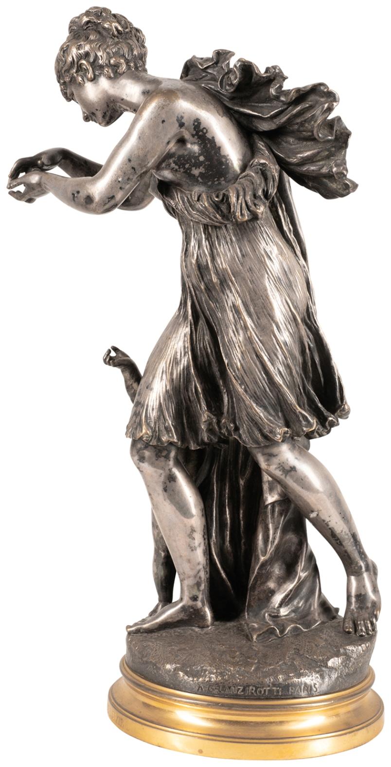 Romantique statue en bronze argenté du 19ème siècle 