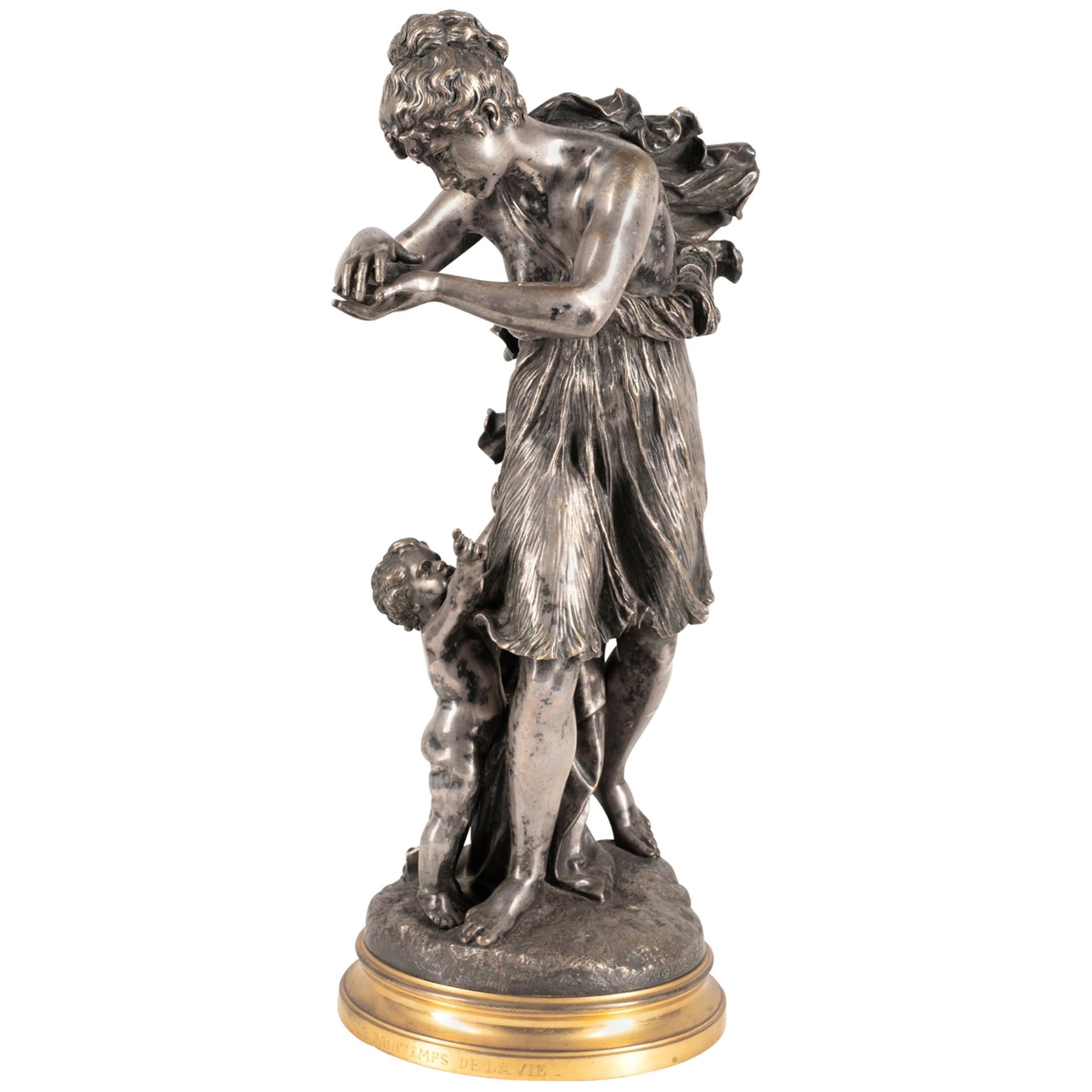statue en bronze argenté du 19ème siècle "Le printemps de la vie" par A.G.Lanzirotti en vente