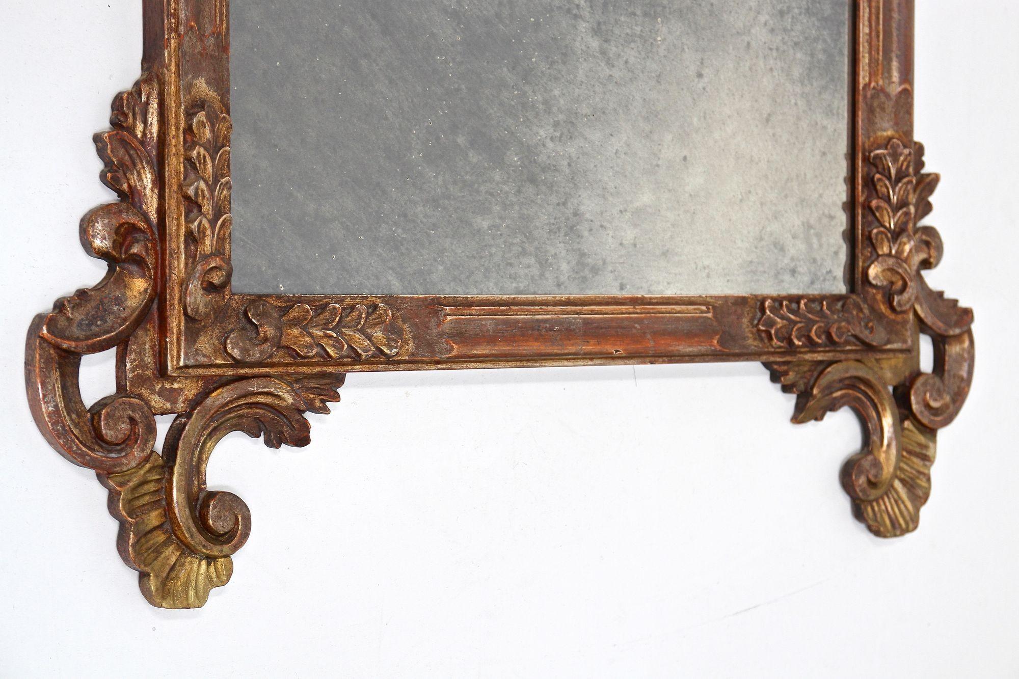 Or Miroir mural vénitien argenté/ bronzé du 19ème siècle, sculpté à la main, Italie vers 1840 en vente