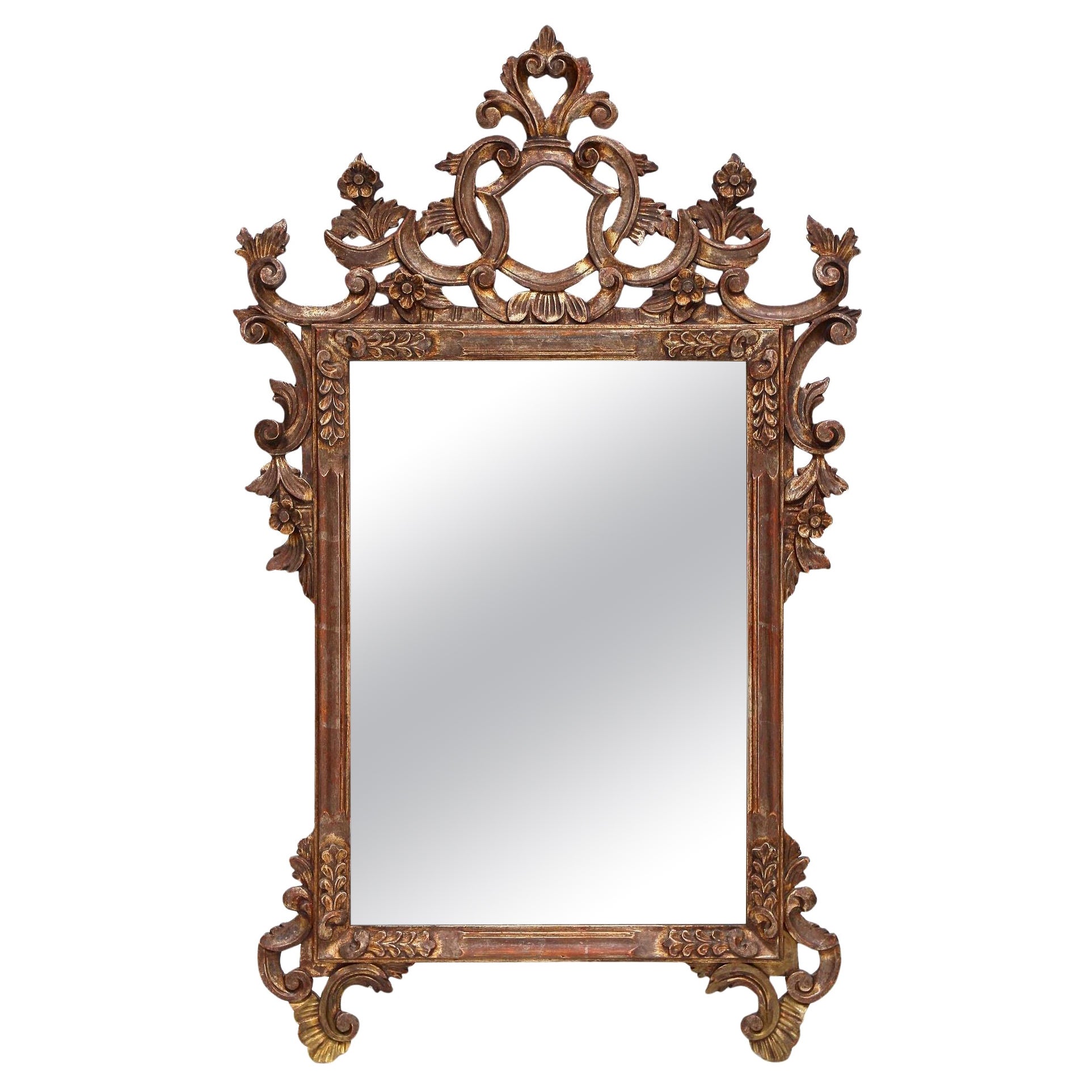 Espejo de pared veneciano plateado/bronceado del siglo XIX, tallado a mano, Italia ca. 1840