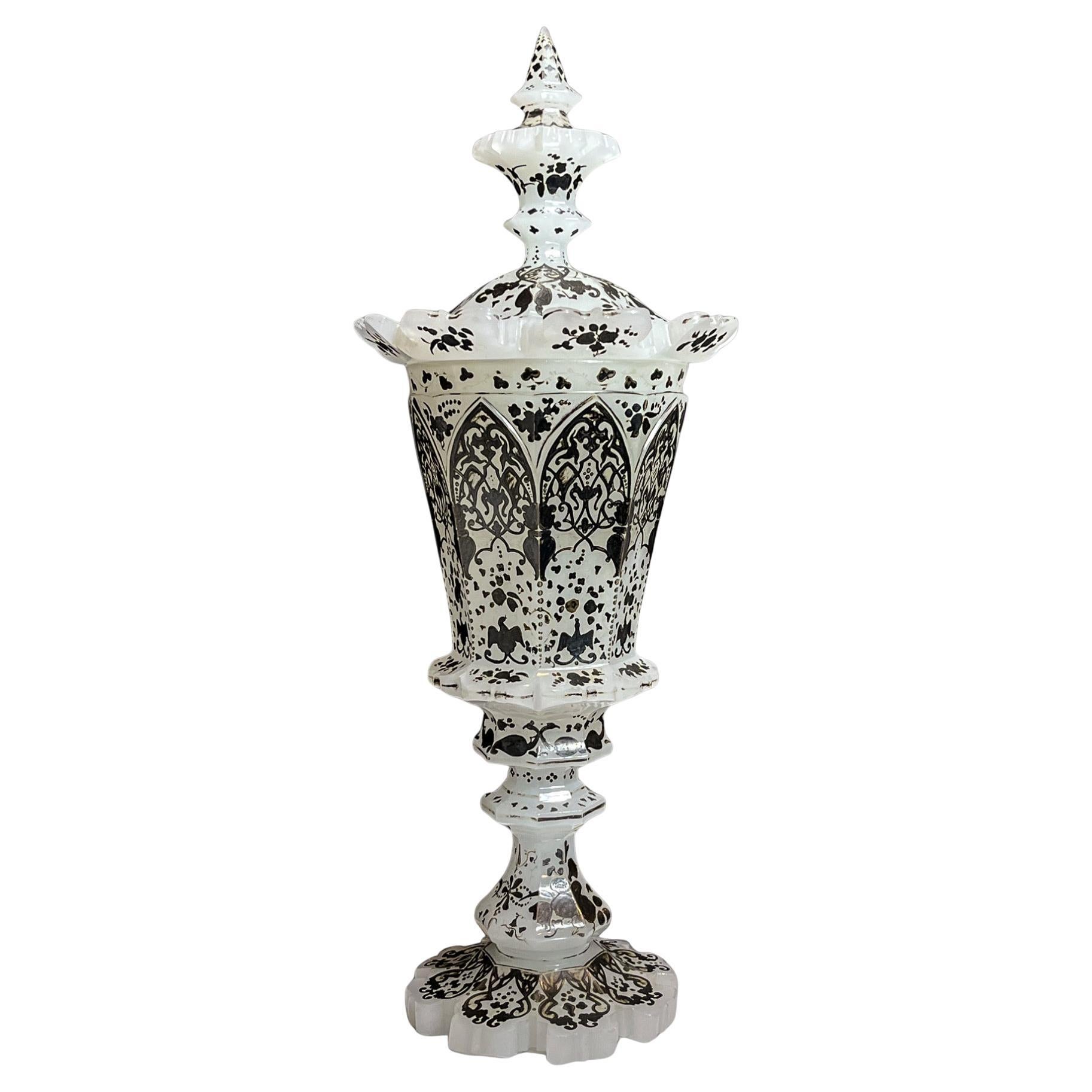 Rare Silvered & Enameled Opaline Glass Pokal with Cover