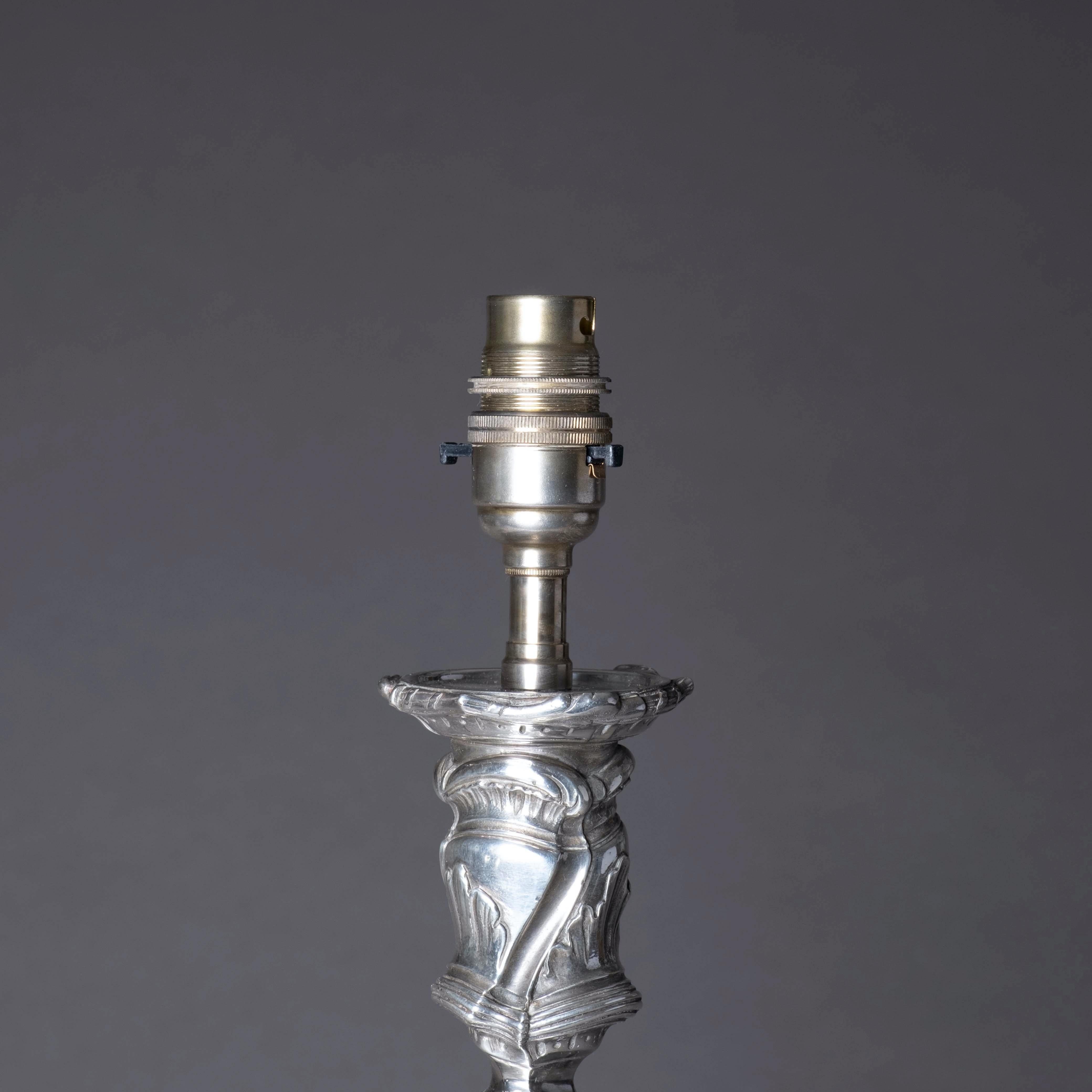 French 19th Century Silvered Louis XV Style Rococo Candlestick Lamp For Sale