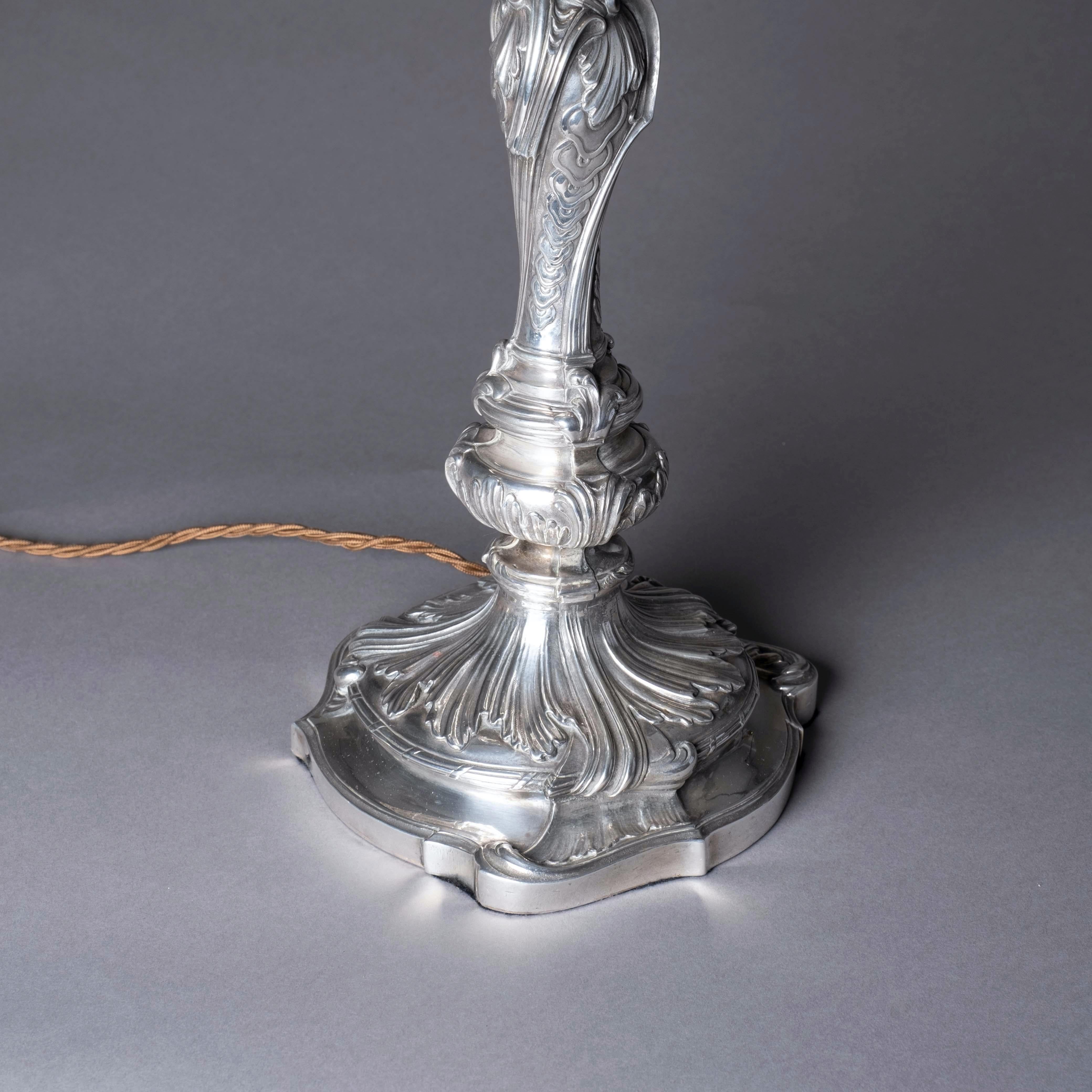 Cast 19th Century Silvered Louis XV Style Rococo Candlestick Lamp