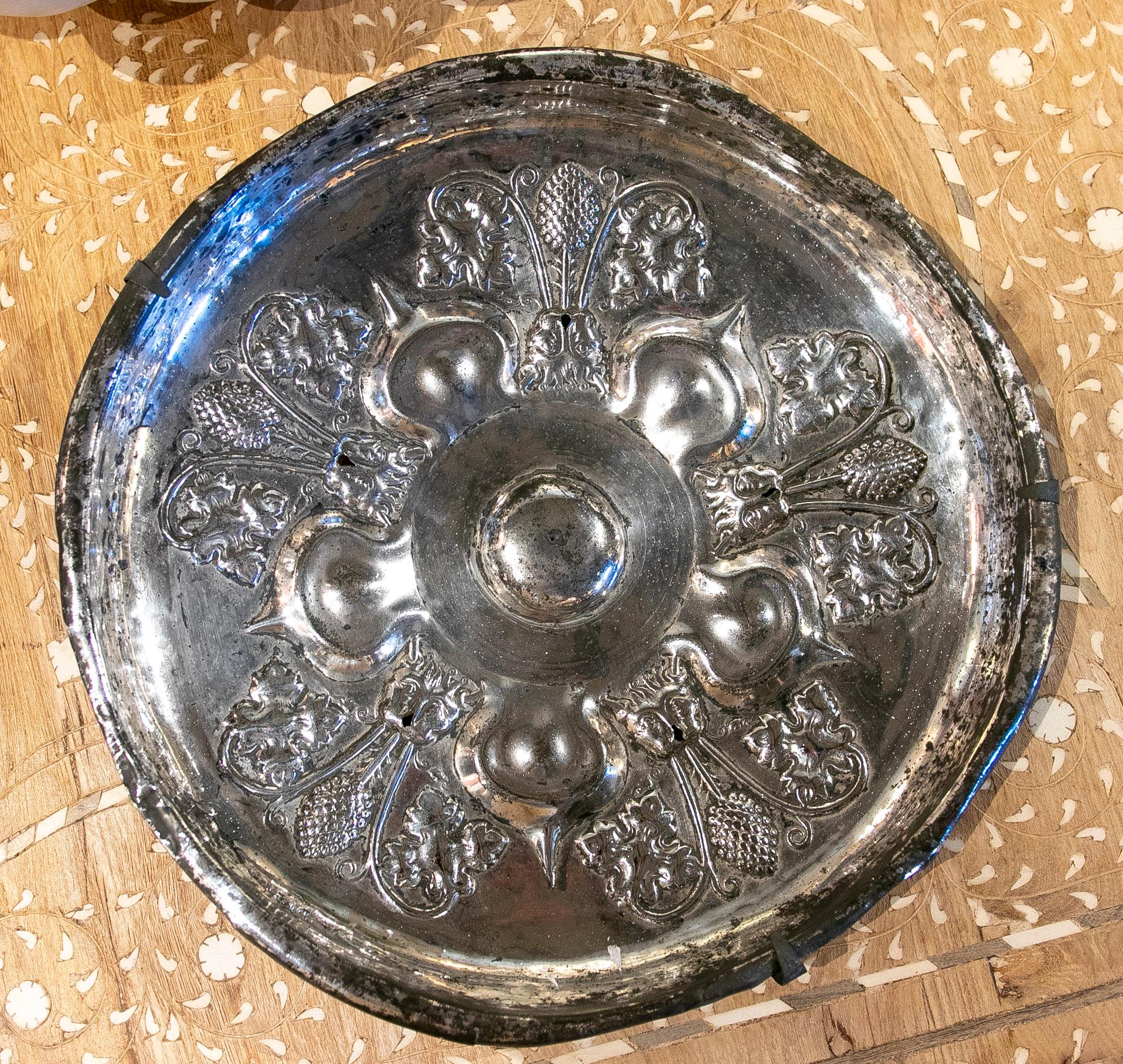 Metallic Thread 19th Century Silvered Metal Plate with Flower and Face Decoration For Sale