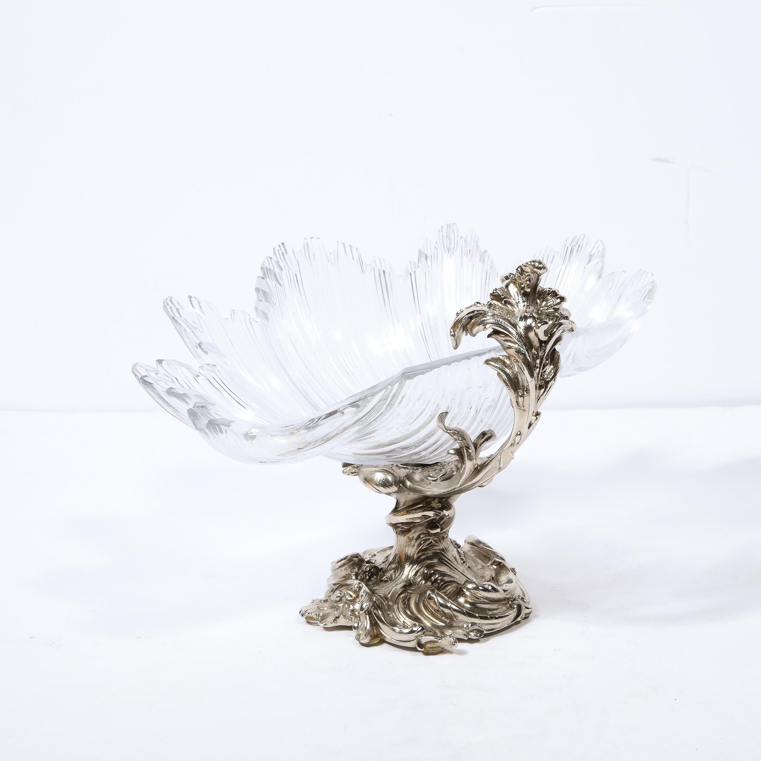 Glass 19th Century Silvered Ormolu Footed Stylized Shell Bowl by Les Freres For Sale