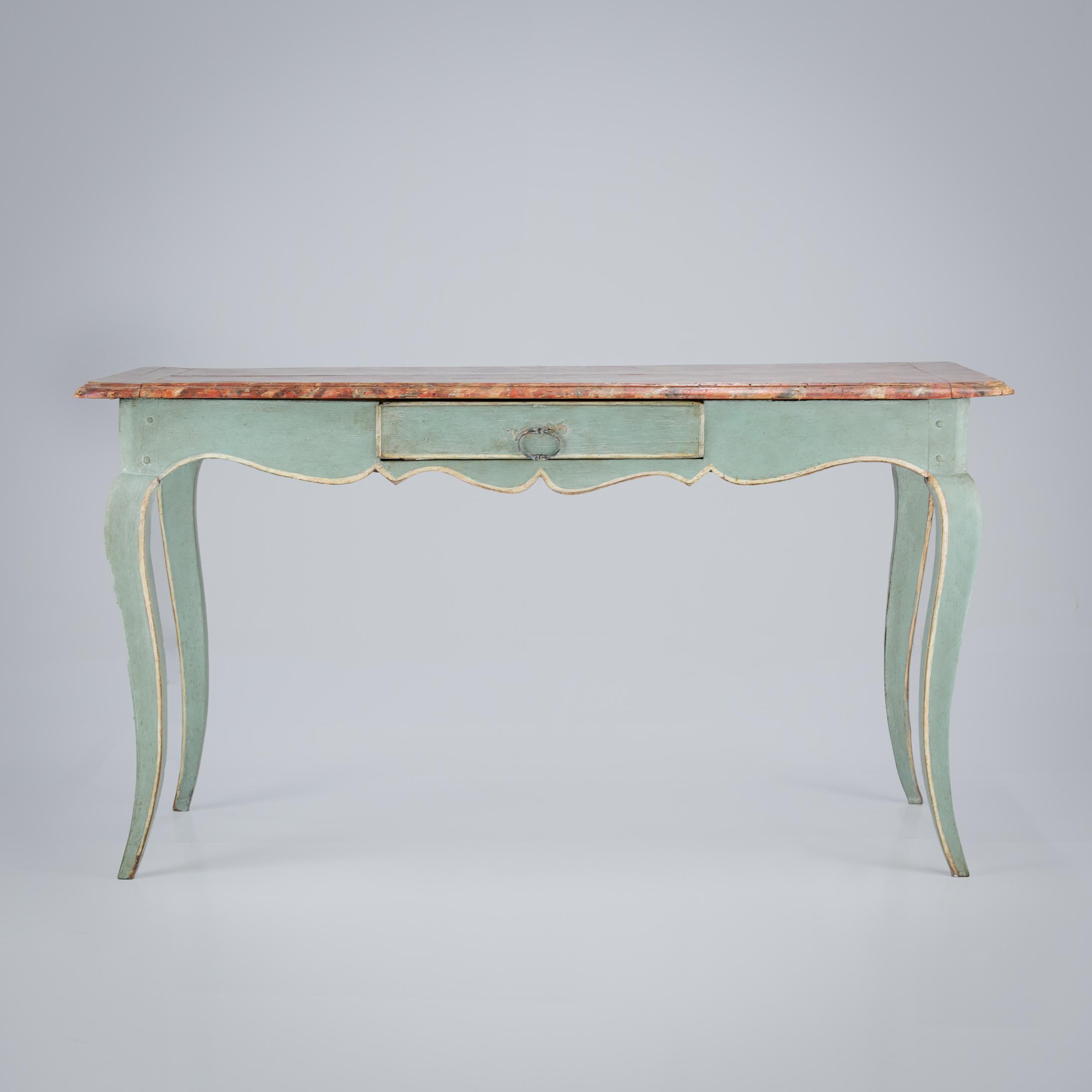 Painted Italian Desk, smart cabriole legs, extraordinary faux marble painted top, blue base. Later painted, recent refreshing and colour matching to the base although the impressive faux marble desk surface as found. Italy, Circa 1880.