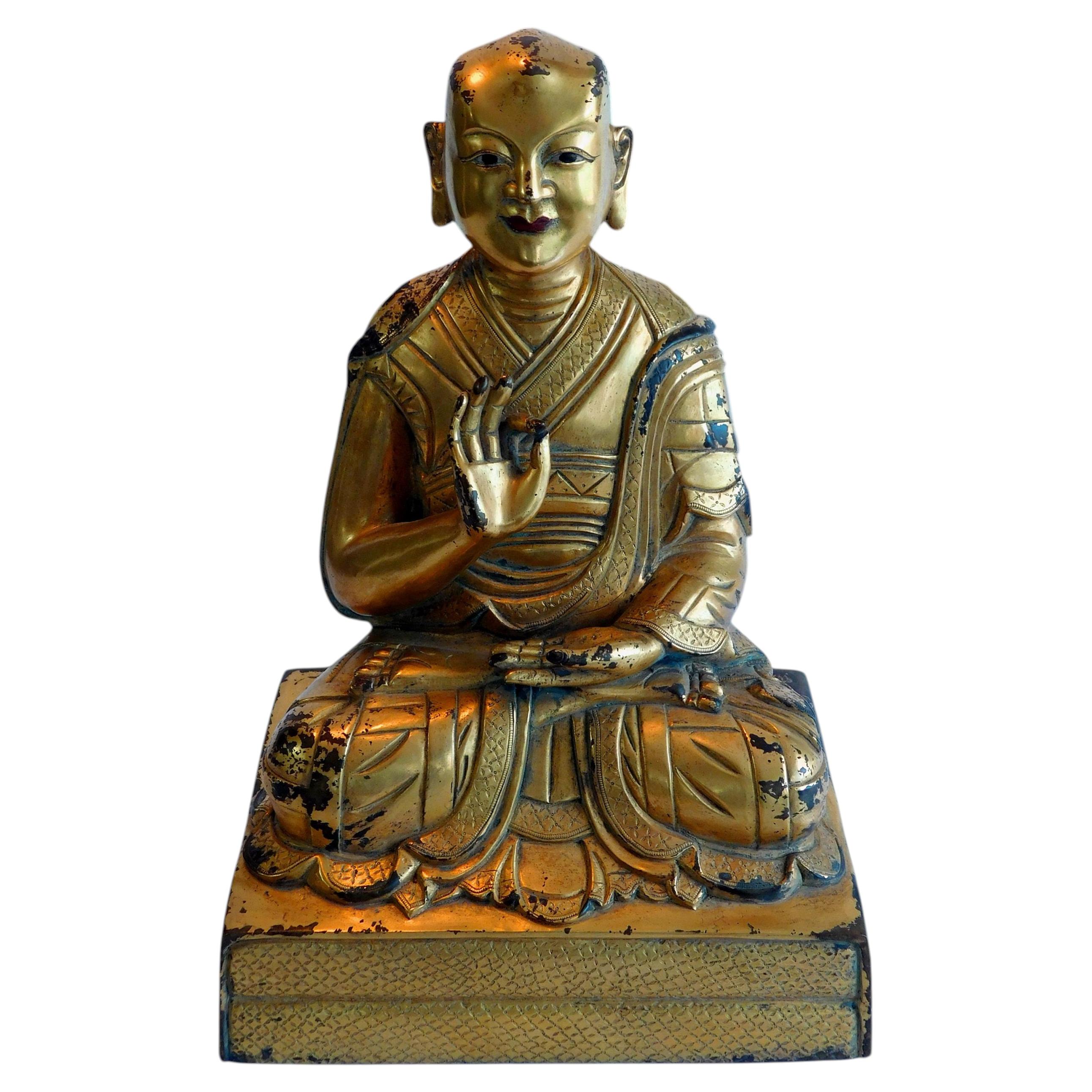 19th Century Sino Tibetan Gilt Bronze Lama Rinpoche Antique Buddha Statue 銅鎏金喇嘛像