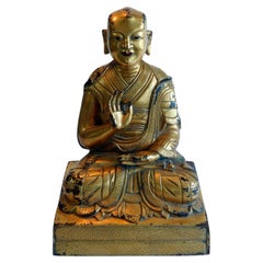 19th Century Sino Tibetan Gilt Bronze Lama Rinpoche Antique Buddha Statue 銅鎏金喇嘛像