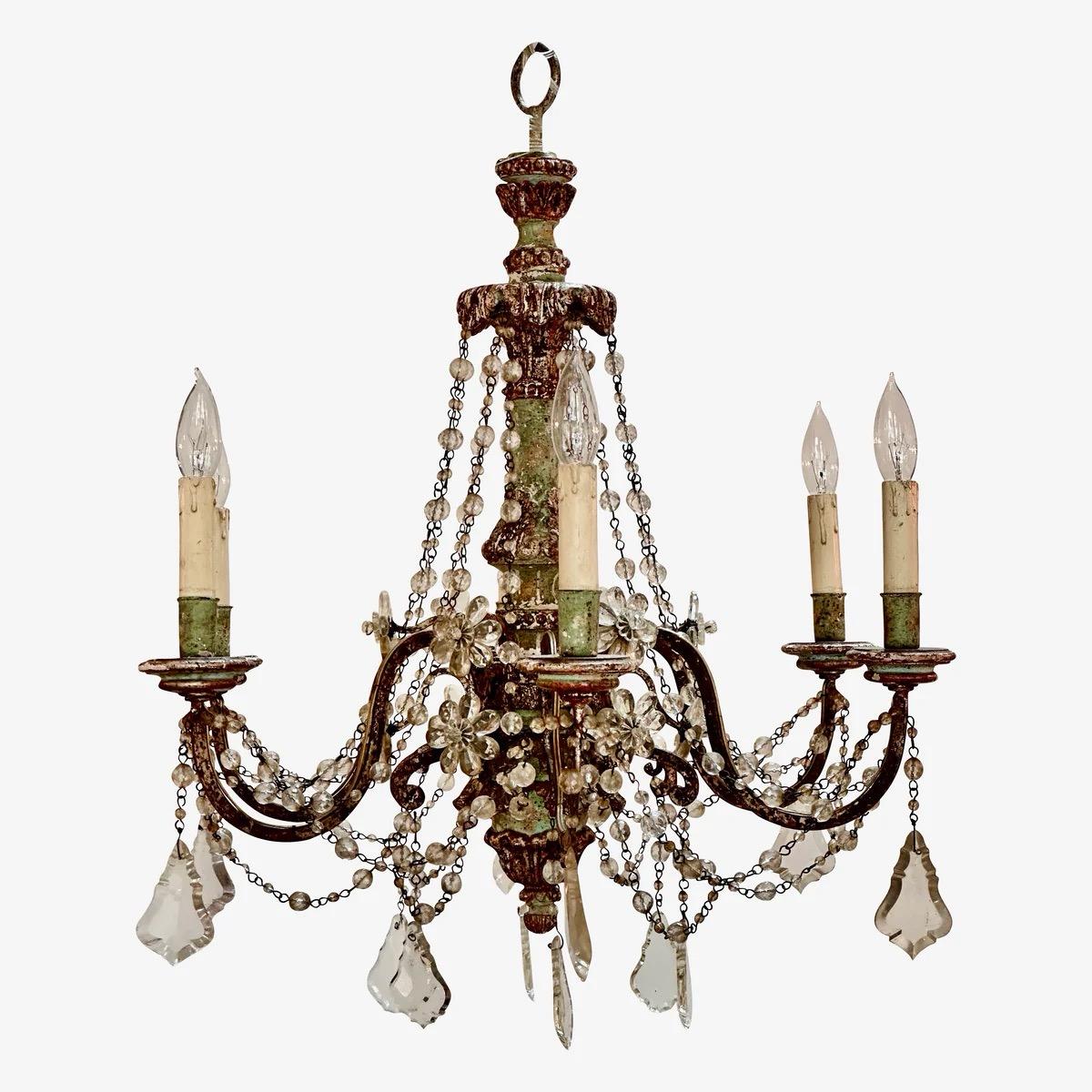 19th Century French or possibly Italian 6-arm Chandelier, the carved and gilded, green polychrome central piece supporting metal arms. Newly wired.
