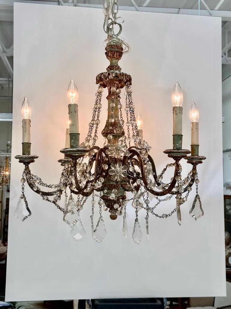 French 19th Century Six-Arm Carved, Polychrome and Crystal Chandelier For Sale