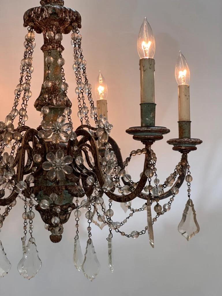 19th Century Six-Arm Carved, Polychrome and Crystal Chandelier In Good Condition For Sale In Charlottesville, VA
