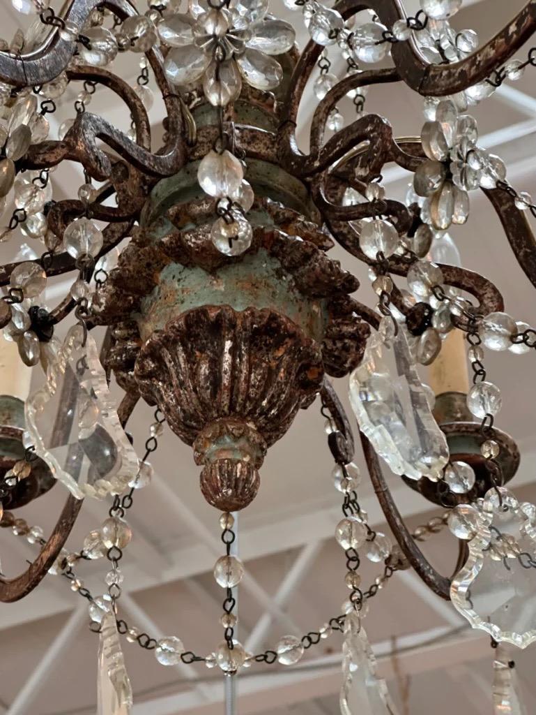 Acrylic 19th Century Six-Arm Carved, Polychrome and Crystal Chandelier For Sale