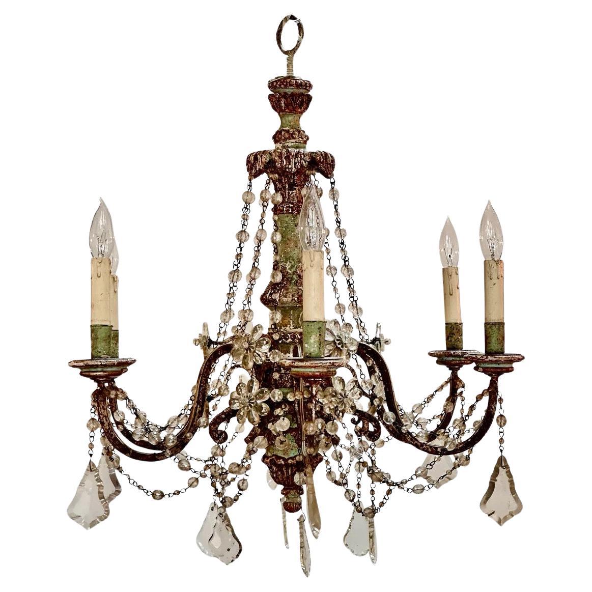 19th Century Six-Arm Carved, Polychrome and Crystal Chandelier