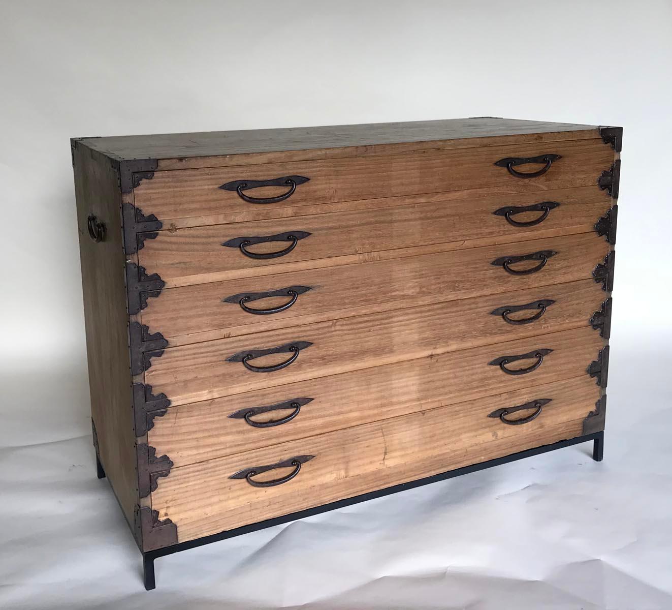 Wide six-drawer shop chest with original bamboo nails and decorative iron hardware. A handsome entry piece or a place to store your art work. Custom iron base. Sturdy, functional Classic Japanese chest.