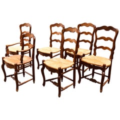 Antique 19th Century Six French Hand Carved Dining Chairs in Provincial Style