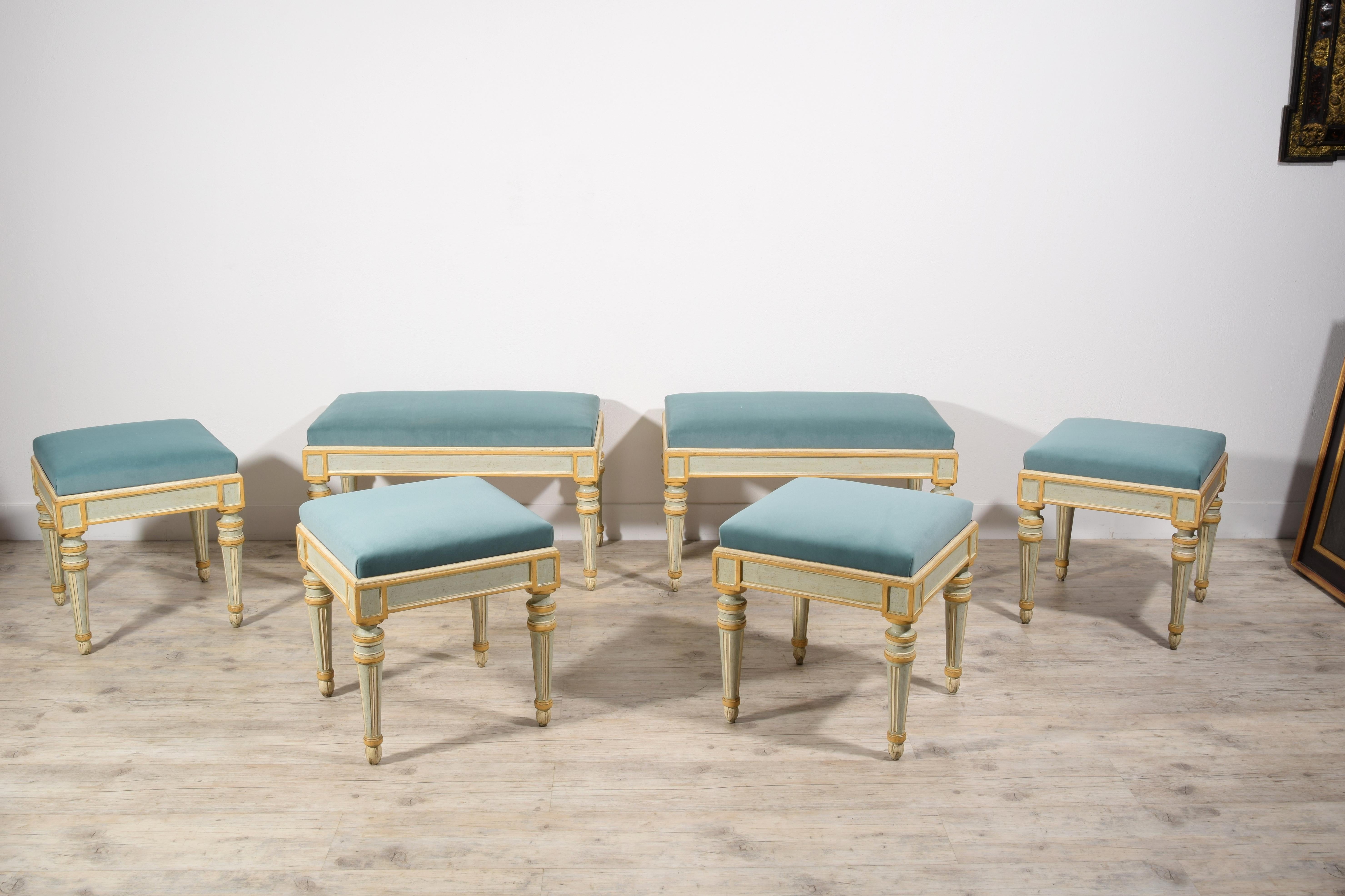 Hand-Carved 19th Century, Six Italian Neoclassical Lacquered Wood Benches For Sale