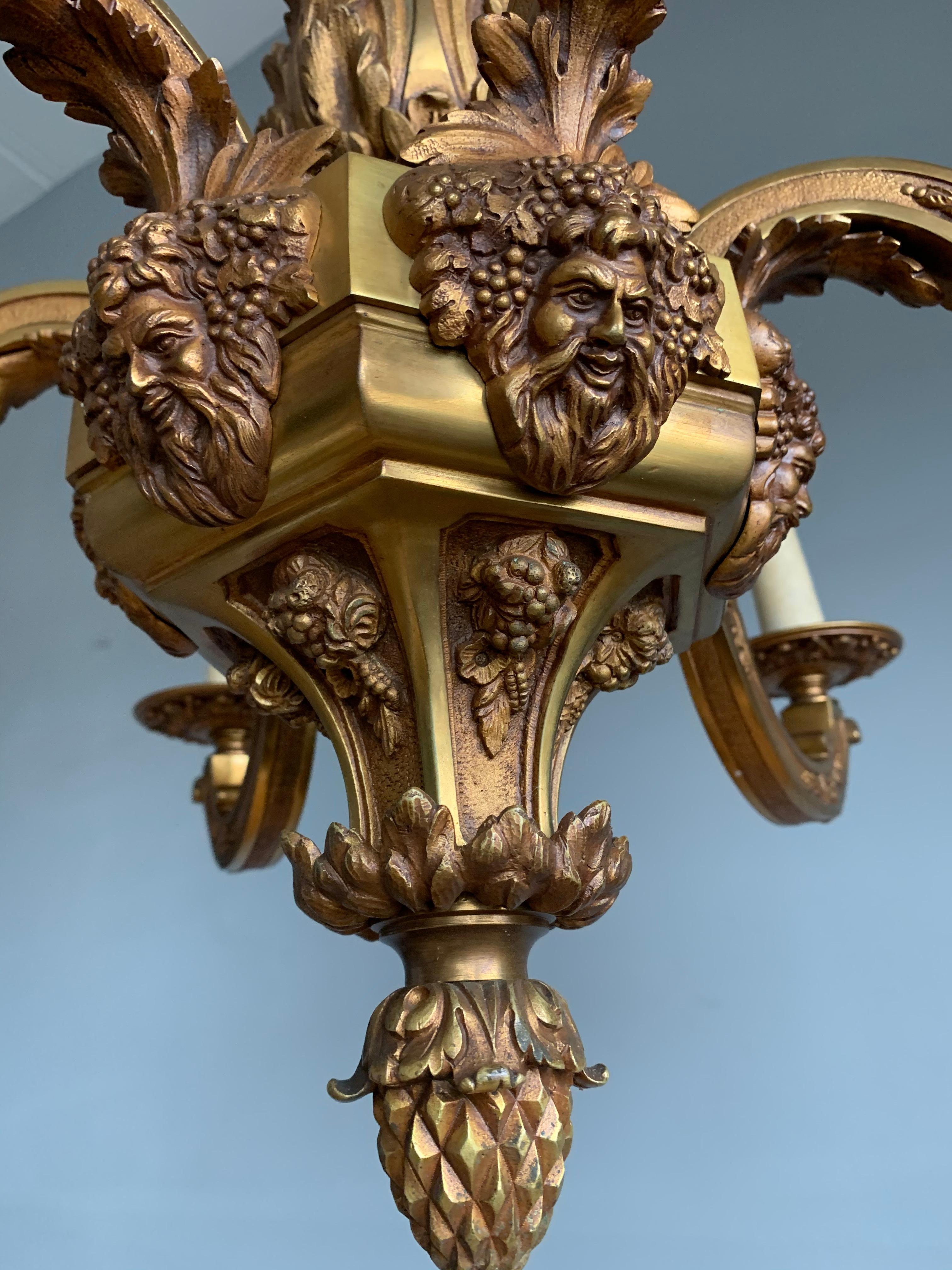 Antique Mazarin Six Light Gilt Bronze Chandelier with Bacchus God of Wine Masks For Sale 10