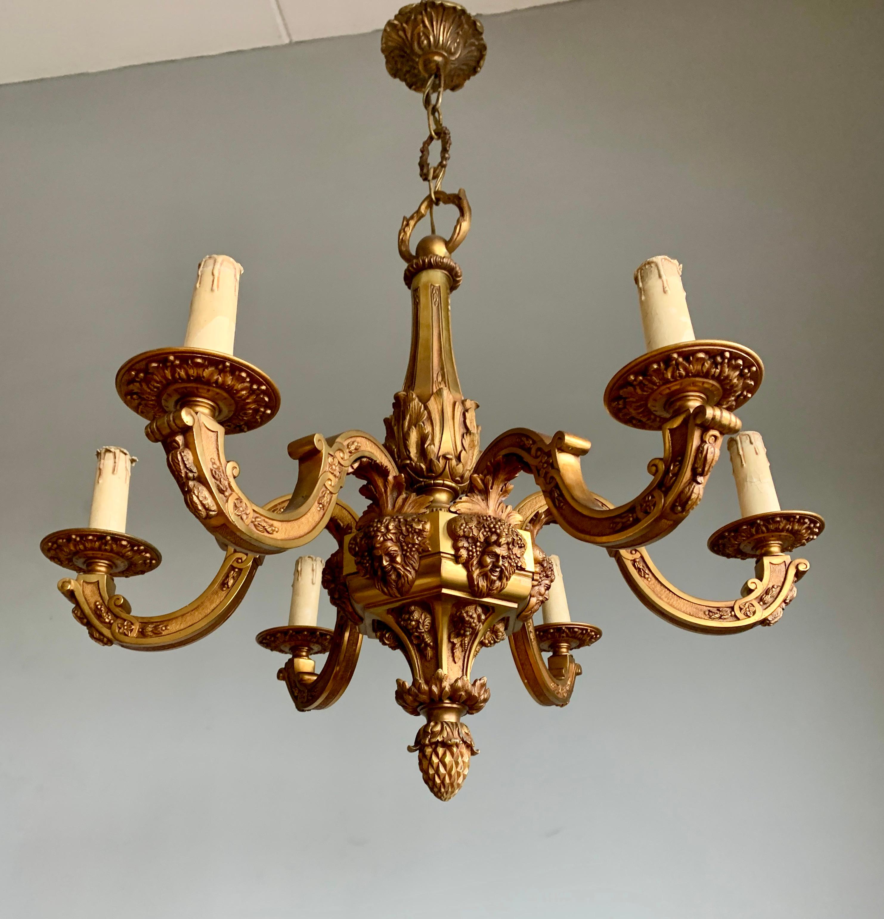 French Antique Mazarin Six Light Gilt Bronze Chandelier with Bacchus God of Wine Masks For Sale