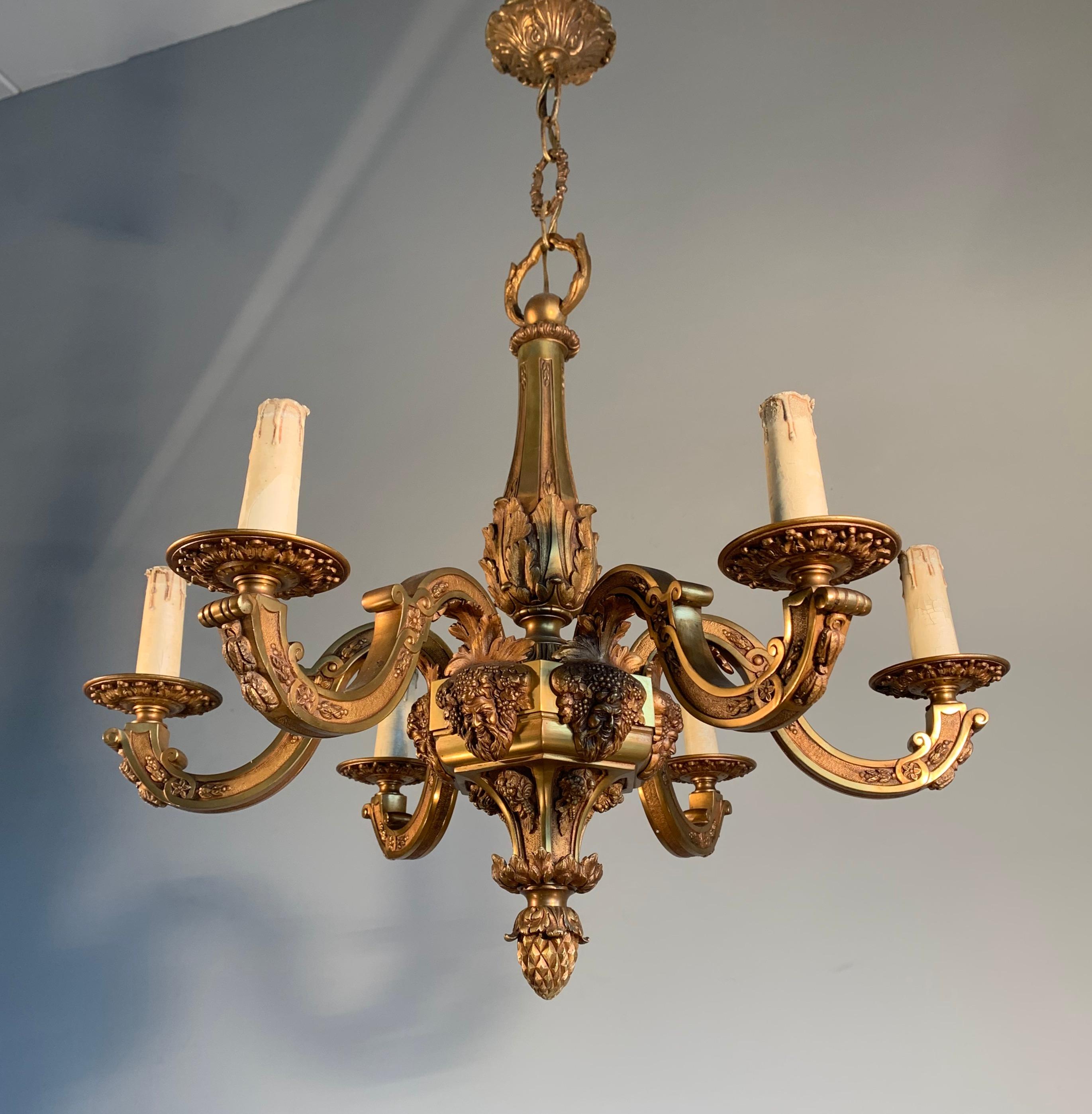 Hand-Crafted Antique Mazarin Six Light Gilt Bronze Chandelier with Bacchus God of Wine Masks For Sale
