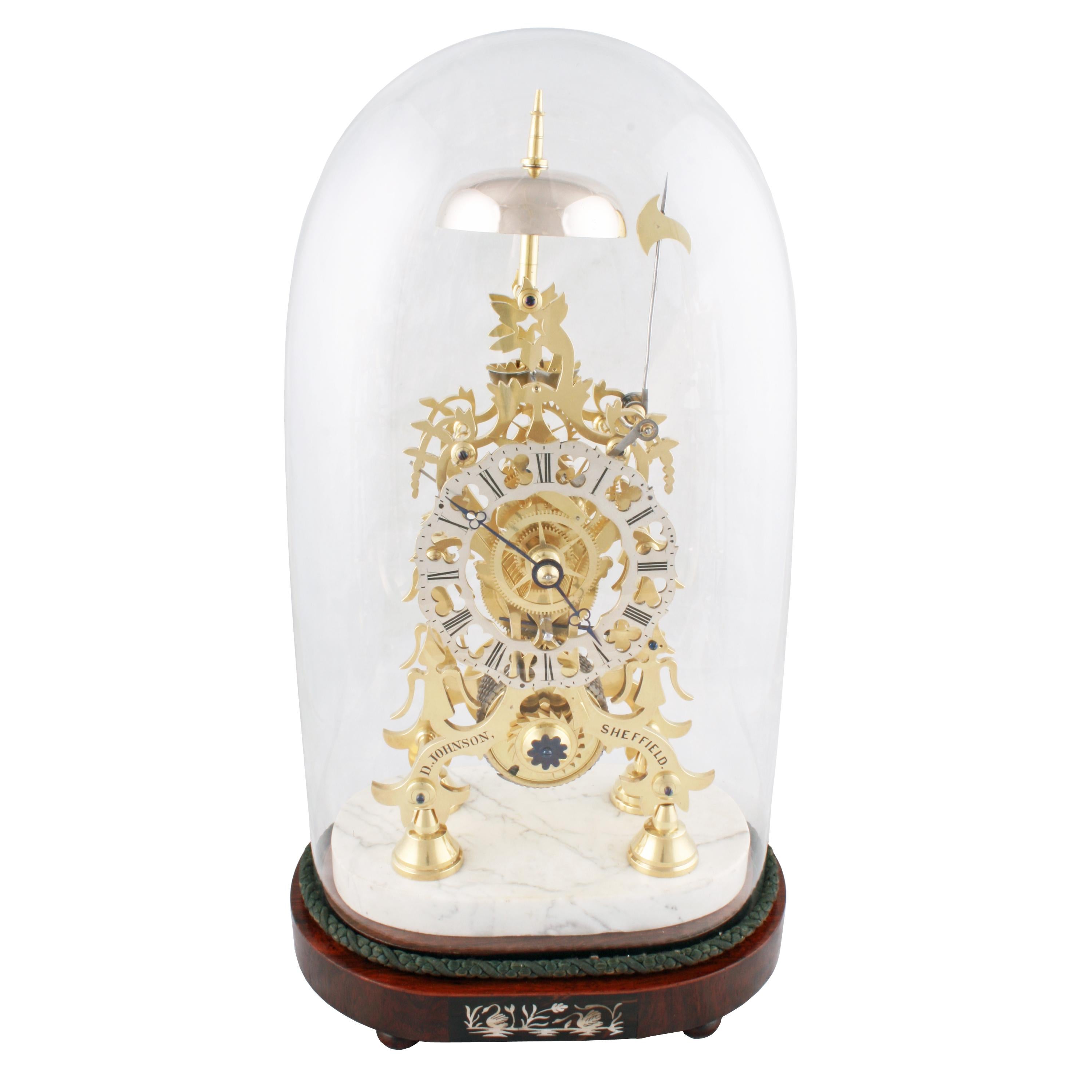 19th century skeleton clock


A mid-19th century polished brass skeleton clock and glass dome.

The clock has an eight day fuzee movement with a passing strike on the hour and a retailer's name engraved on the front 