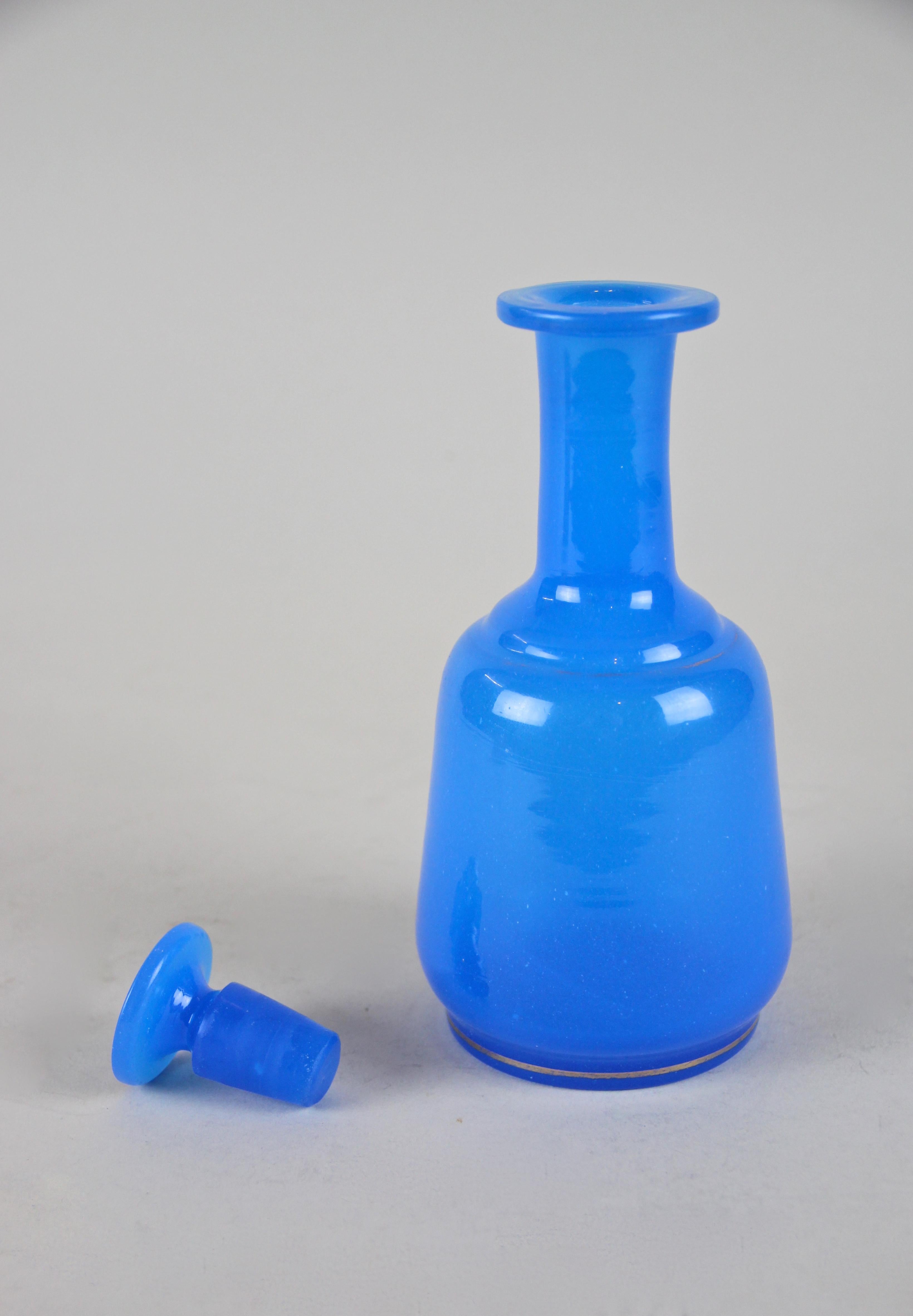 Austrian 19th Century Sky Blue Glass Bottle Biedermeier Mouth Blown, Austria, circa 1840