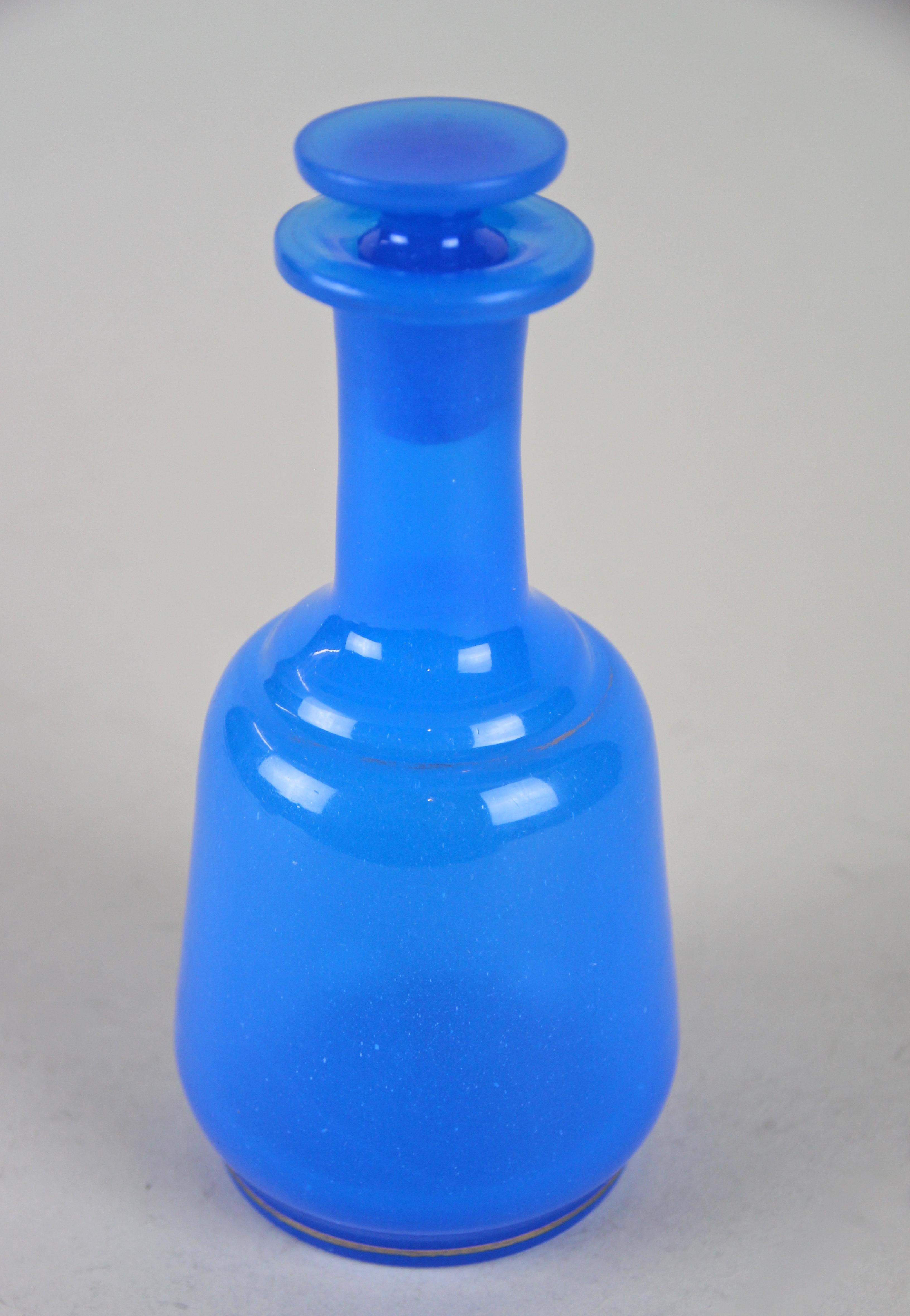 19th Century Sky Blue Glass Bottle Biedermeier Mouth Blown, Austria, circa 1840 2