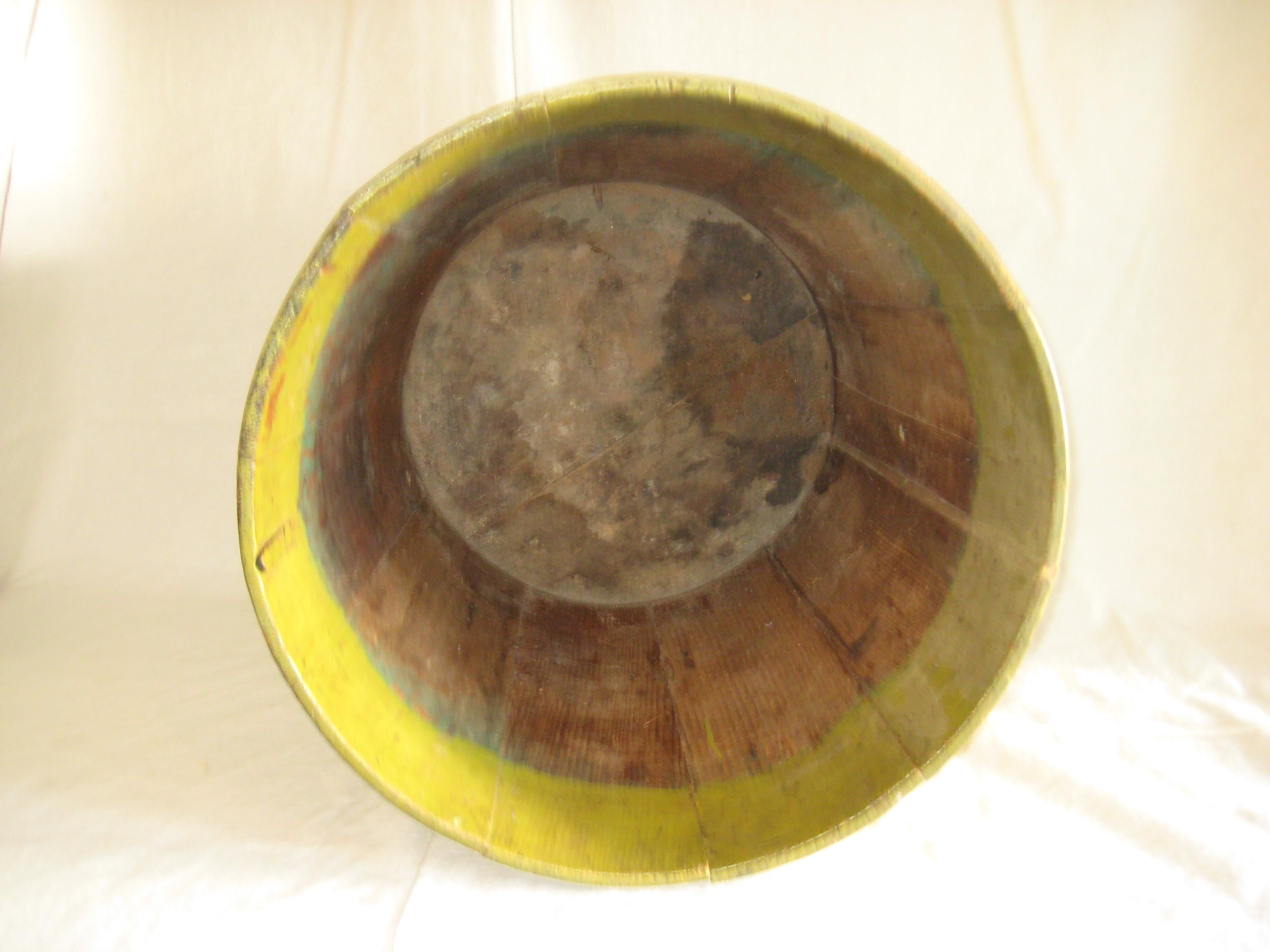19th Century Slat Bucket in Yellow Paint In Fair Condition For Sale In Nantucket, MA